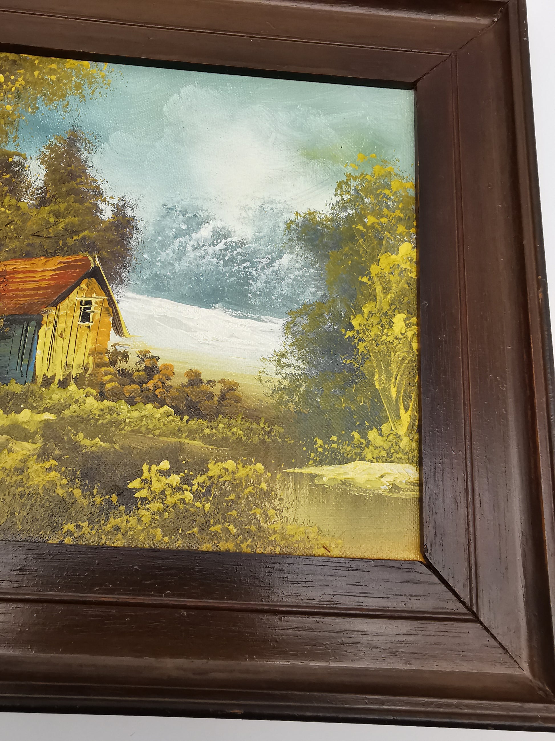 Vintage Original Oil Painting Forest and cabin landscape scene