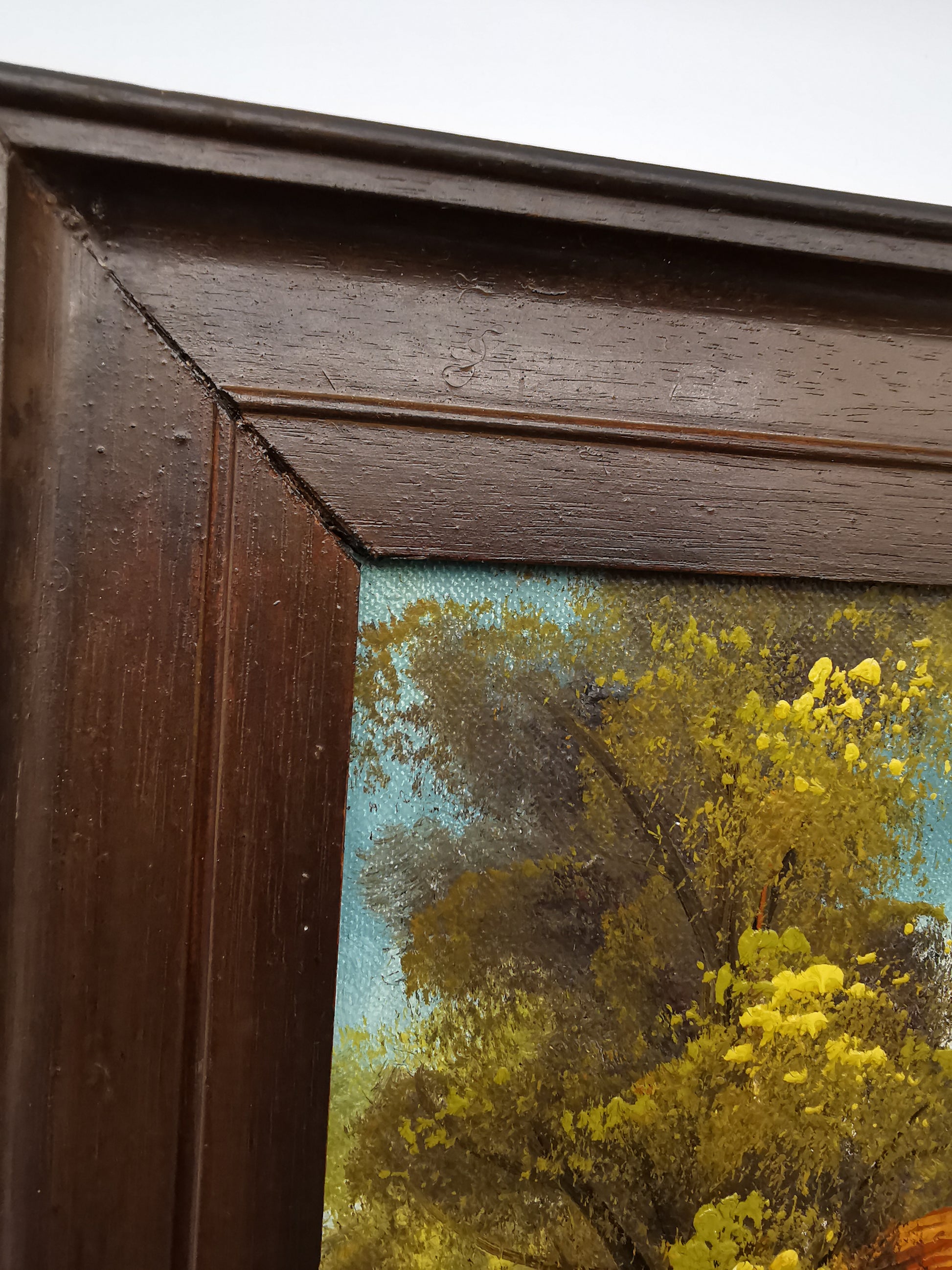 Vintage Original Oil Painting Forest and cabin landscape scene