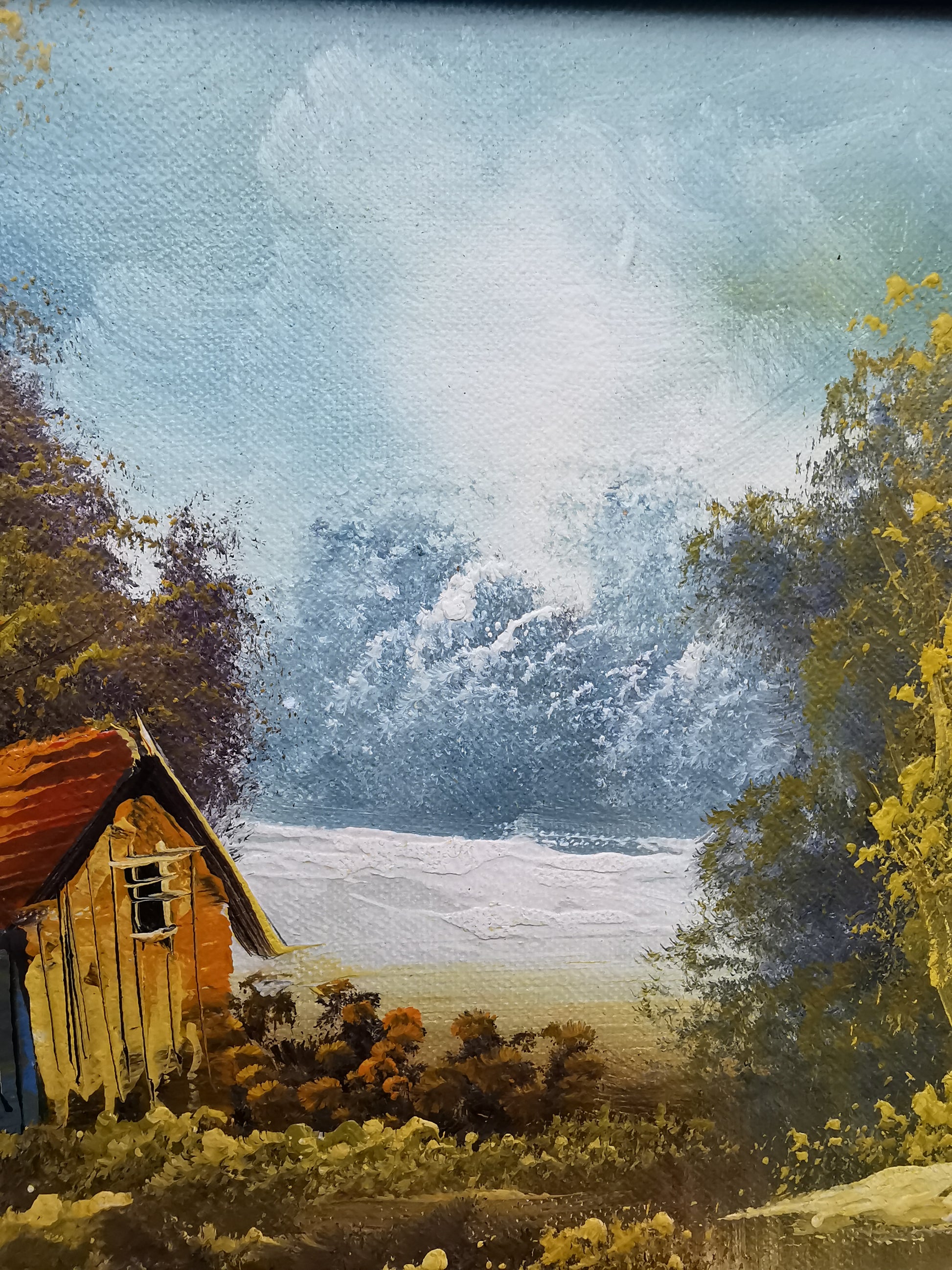 Vintage Original Oil Painting Forest and cabin landscape scene