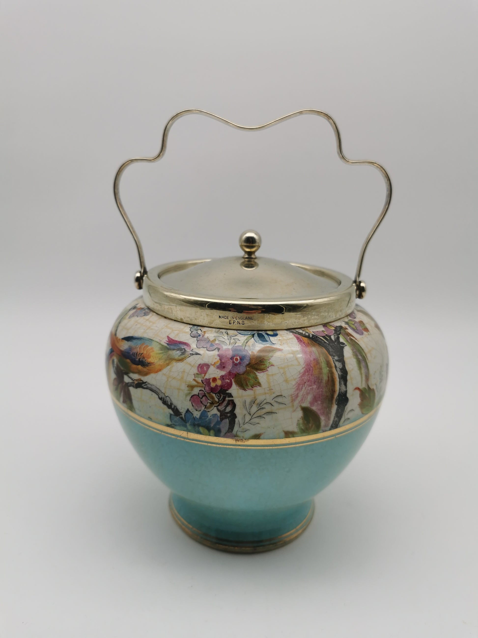 Antique Victorian Ceramic Eggshell Blue Biscuit Barrel with Floral and Birds Illustration