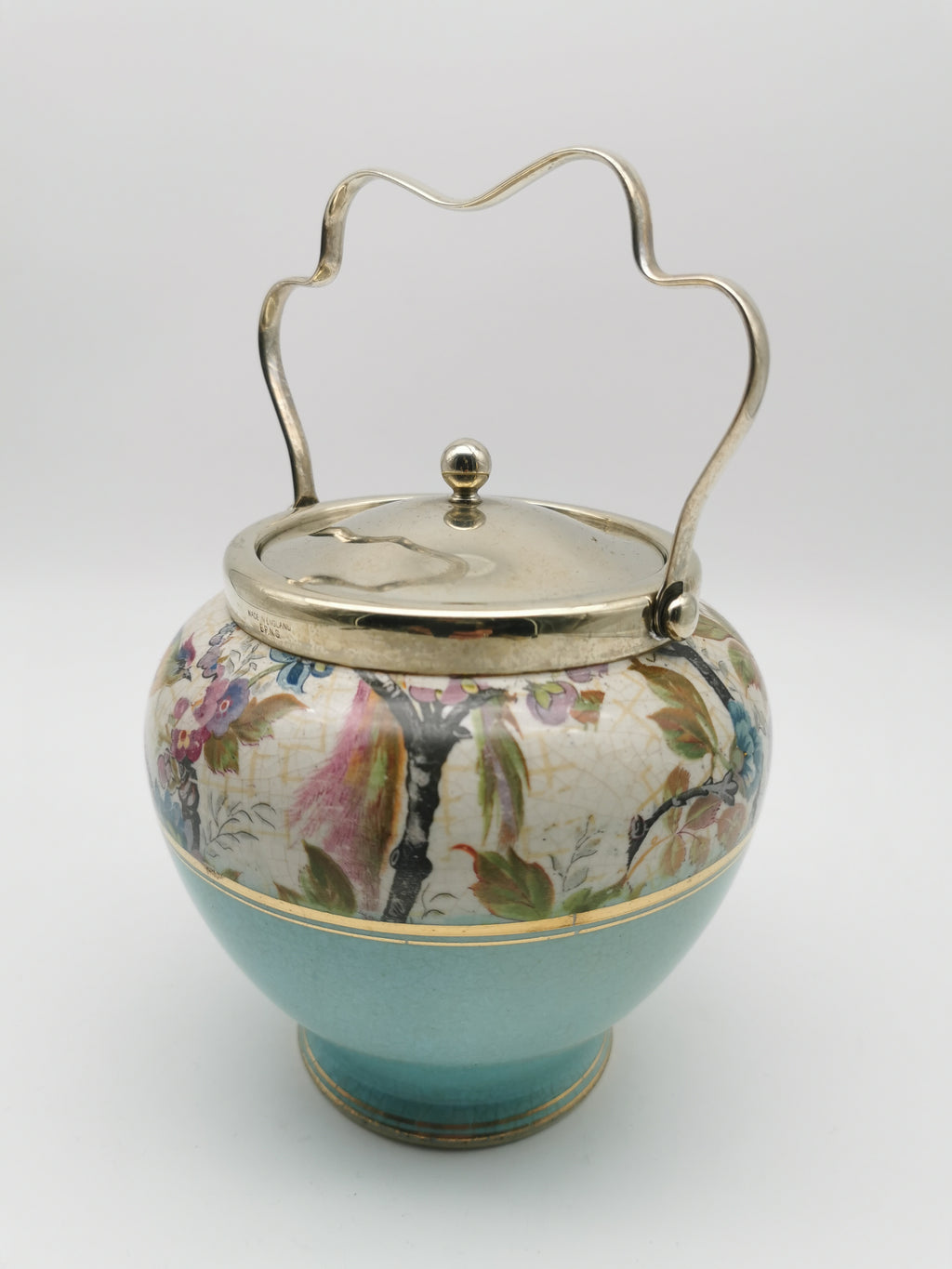 Antique Victorian Ceramic Eggshell Blue Biscuit Barrel with Floral and Birds Illustration