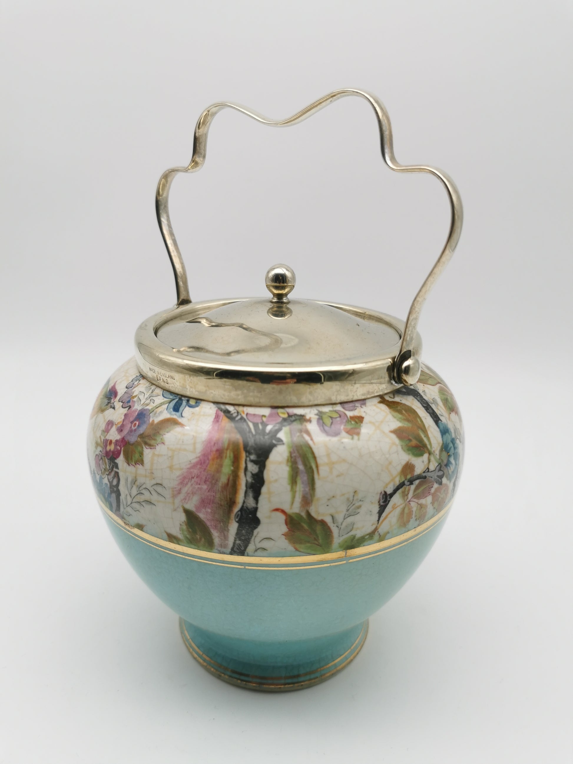 Antique Victorian Ceramic Eggshell Blue Biscuit Barrel with Floral and Birds Illustration