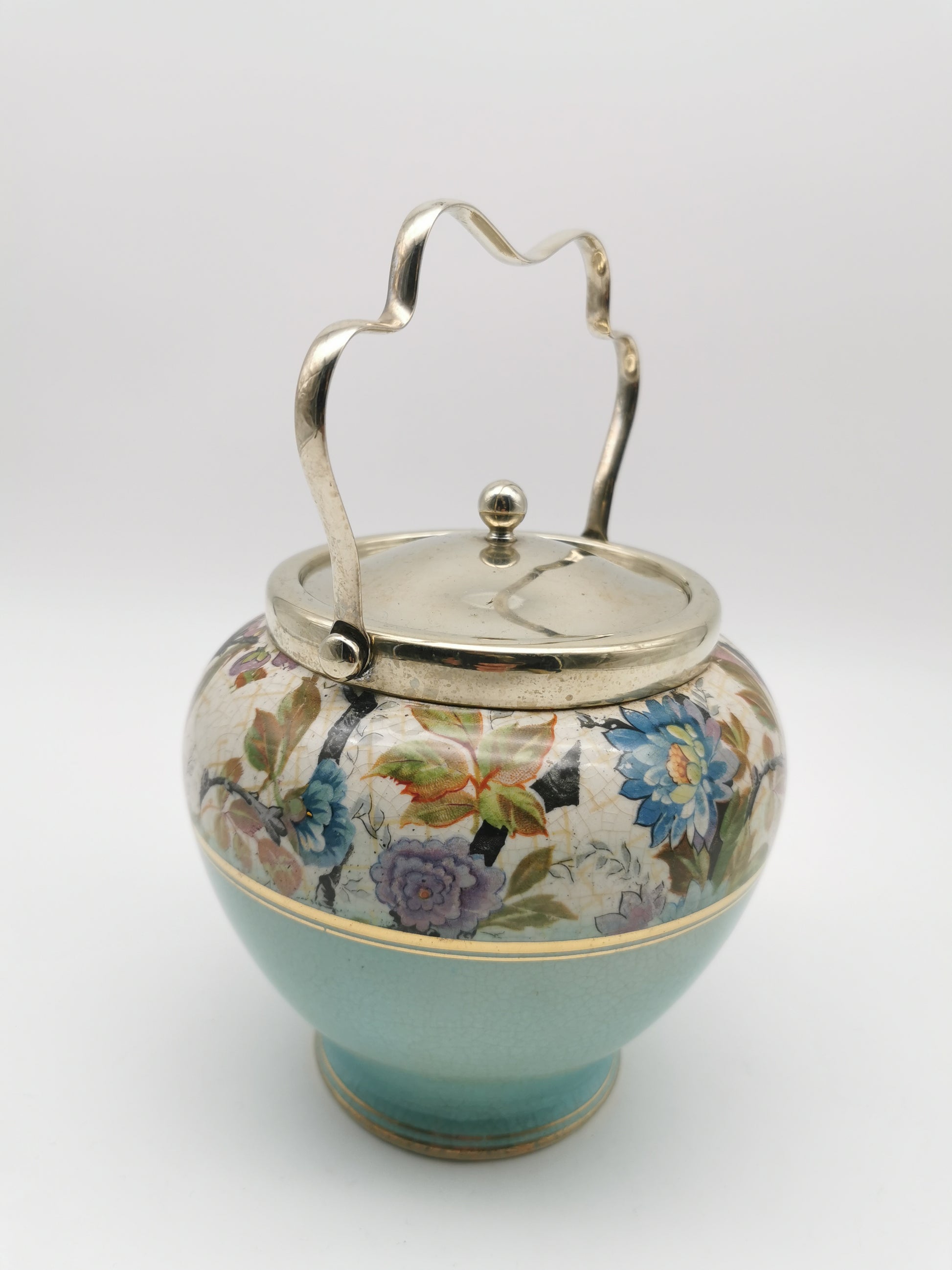 Antique Victorian Ceramic Eggshell Blue Biscuit Barrel with Floral and Birds Illustration