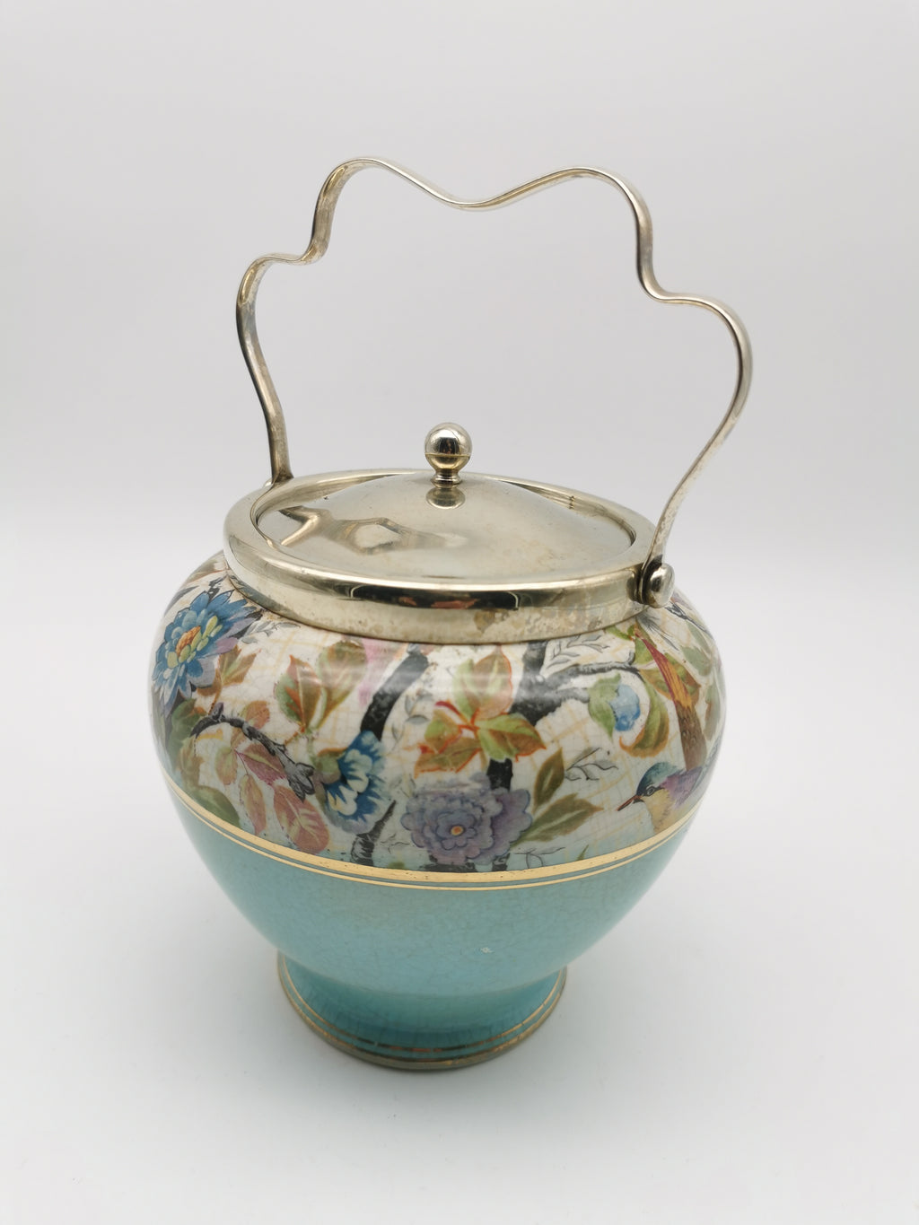 Antique Victorian Ceramic Eggshell Blue Biscuit Barrel with Floral and Birds Illustration