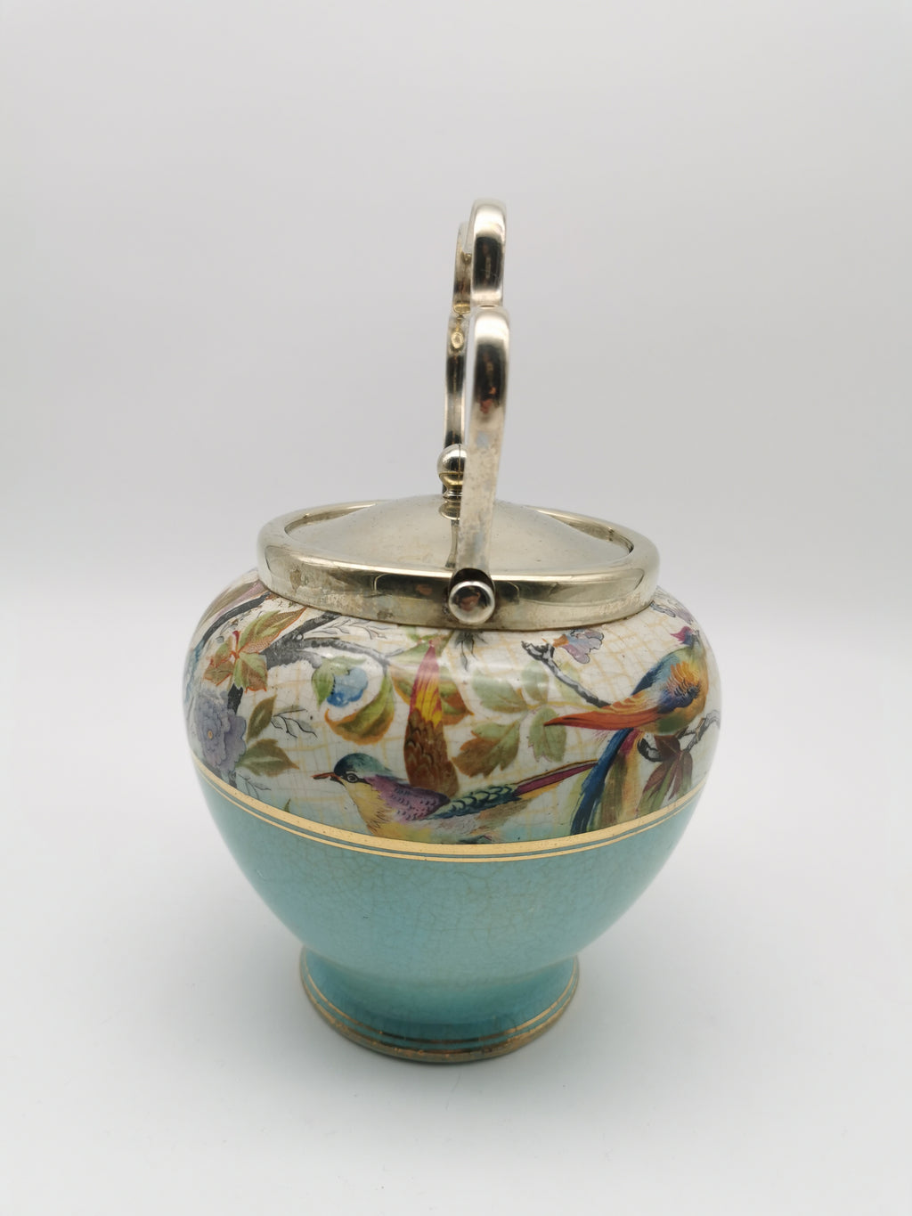 Antique Victorian Ceramic Eggshell Blue Biscuit Barrel with Floral and Birds Illustration