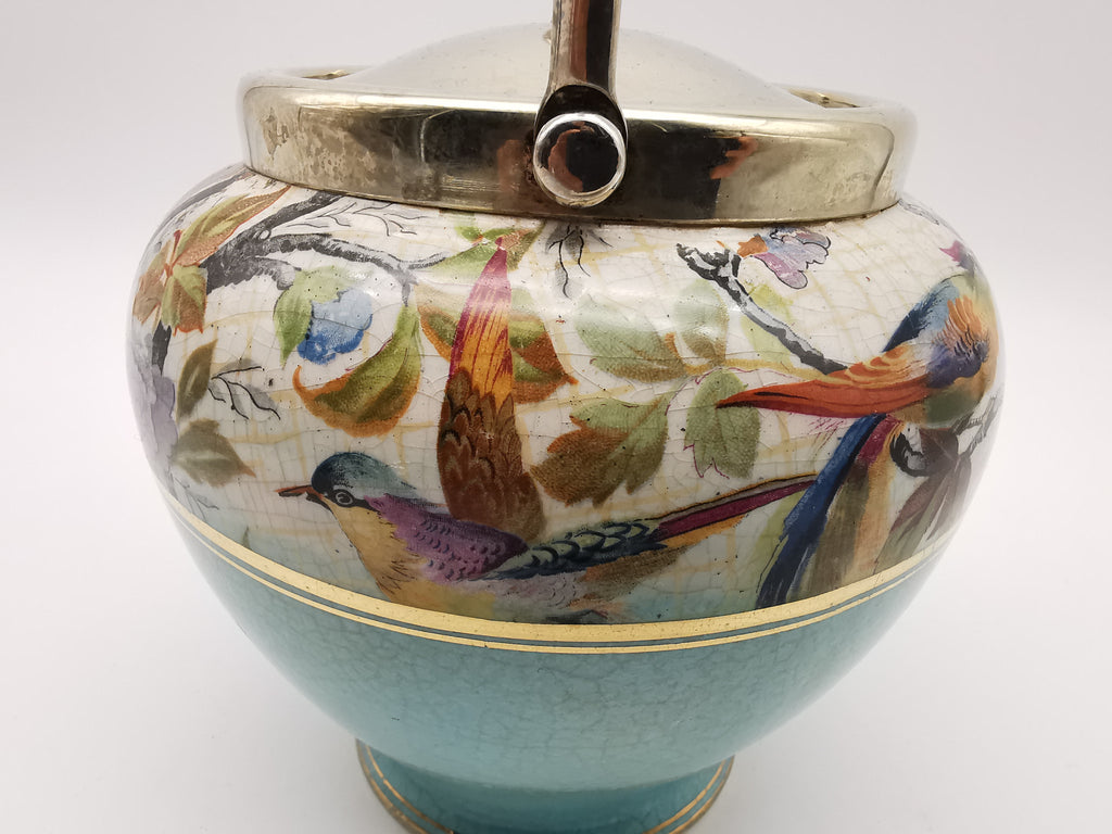 Antique Victorian Ceramic Eggshell Blue Biscuit Barrel with Floral and Birds Illustration
