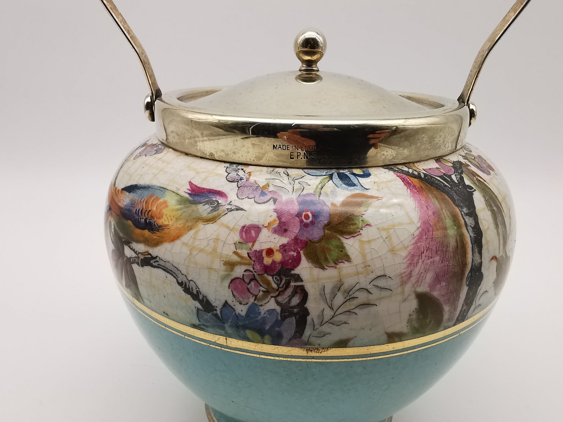 Antique Victorian Ceramic Eggshell Blue Biscuit Barrel with Floral and Birds Illustration