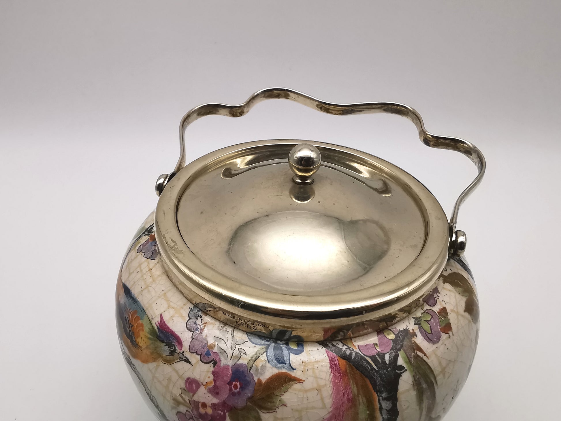 Antique Victorian Ceramic Eggshell Blue Biscuit Barrel with Floral and Birds Illustration