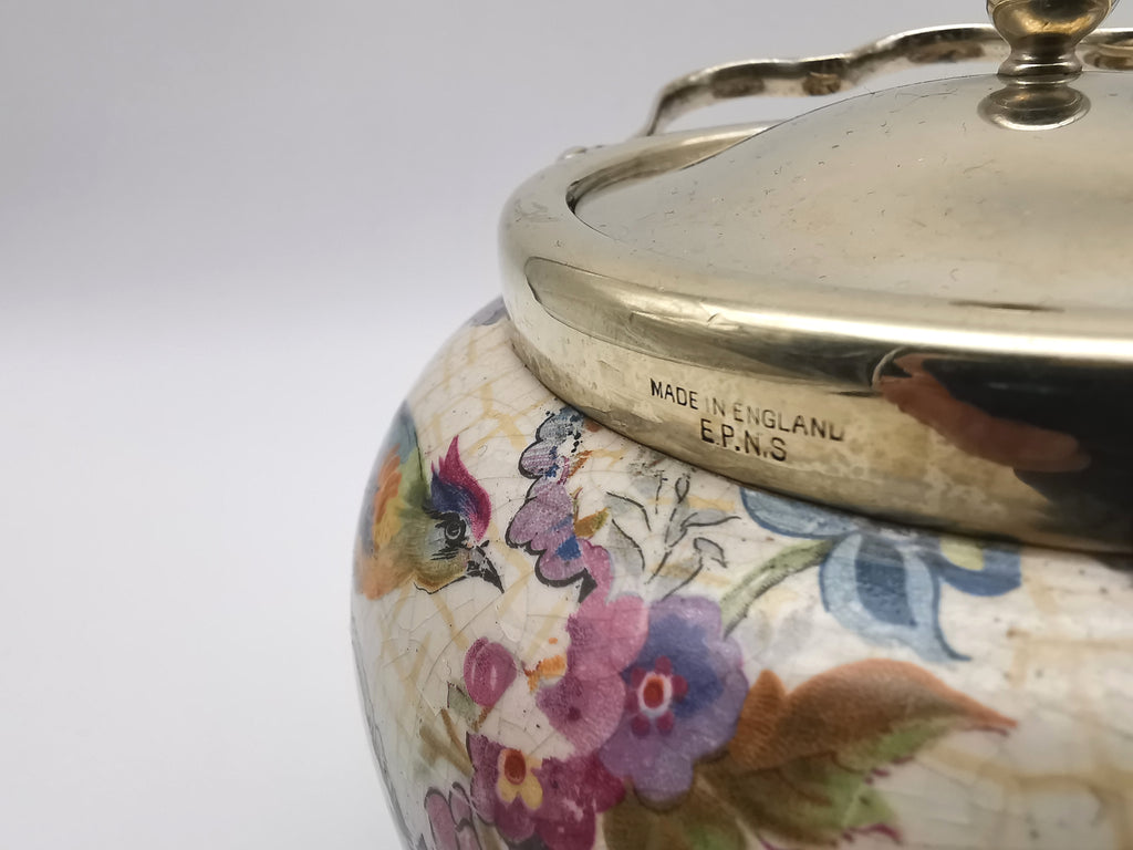 Antique Victorian Ceramic Eggshell Blue Biscuit Barrel with Floral and Birds Illustration
