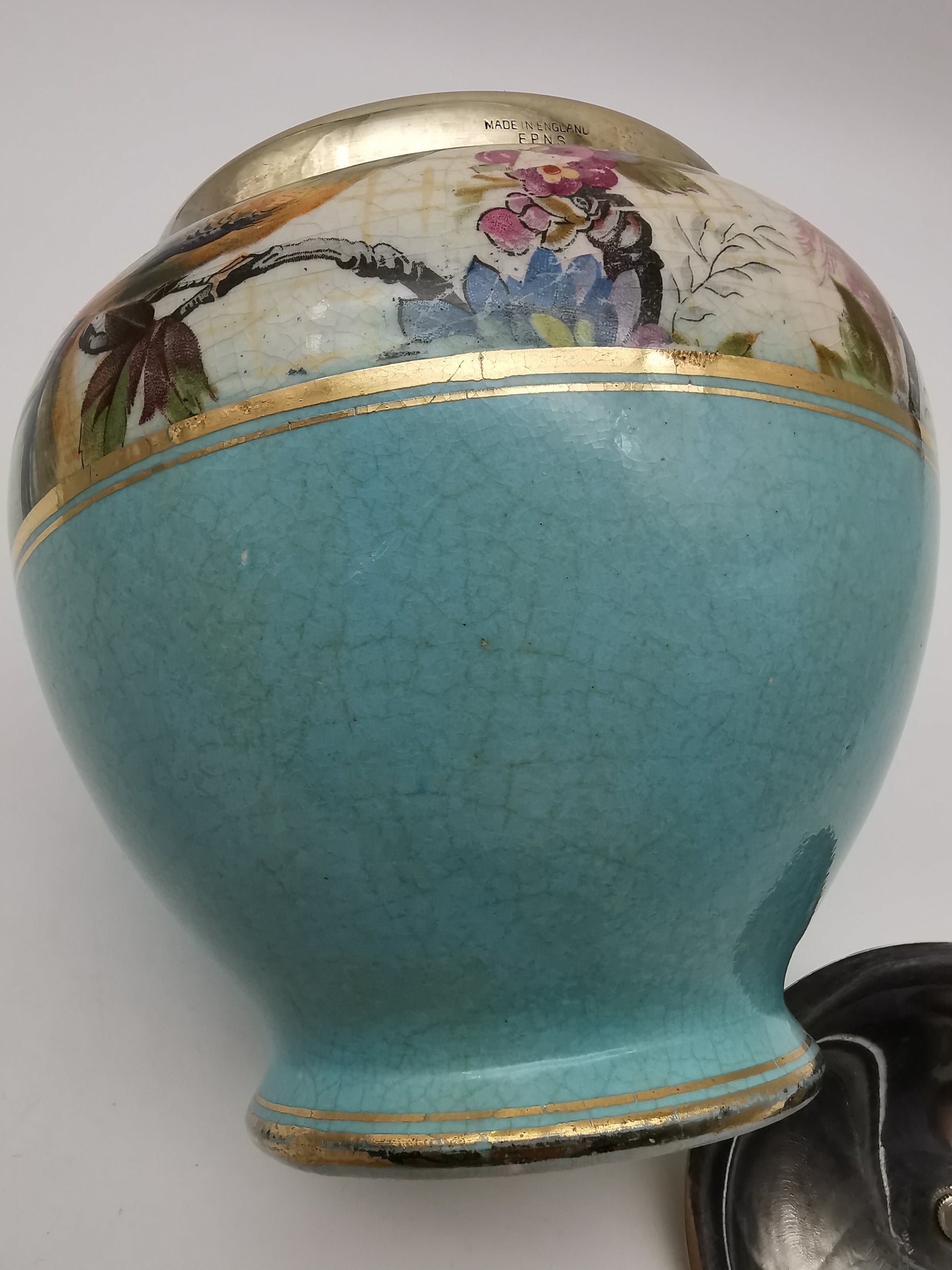Antique Victorian Ceramic Eggshell Blue Biscuit Barrel with Floral and Birds Illustration