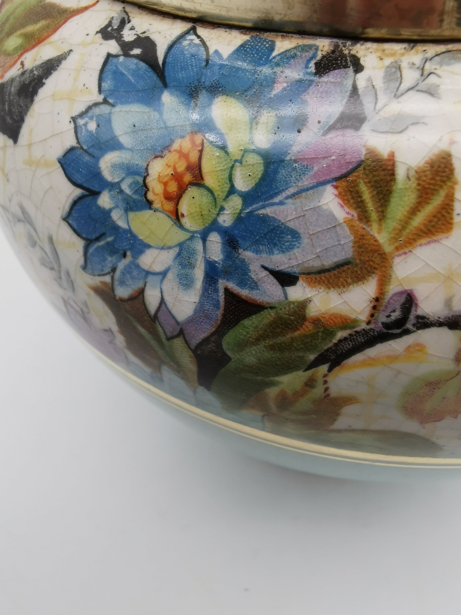 Antique Victorian Ceramic Eggshell Blue Biscuit Barrel with Floral and Birds Illustration
