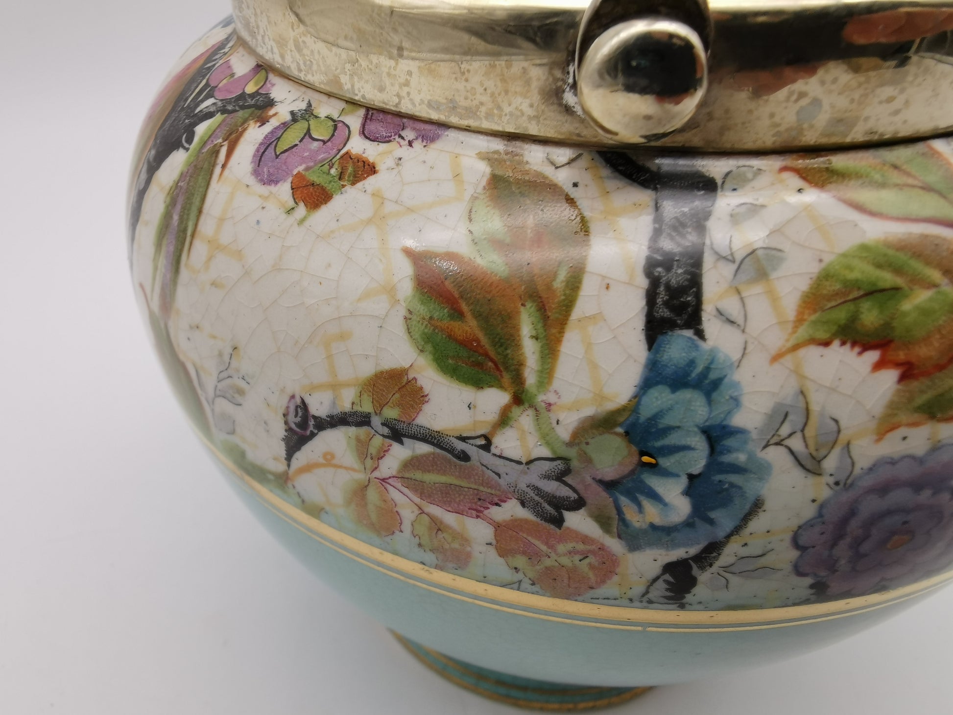 Antique Victorian Ceramic Eggshell Blue Biscuit Barrel with Floral and Birds Illustration