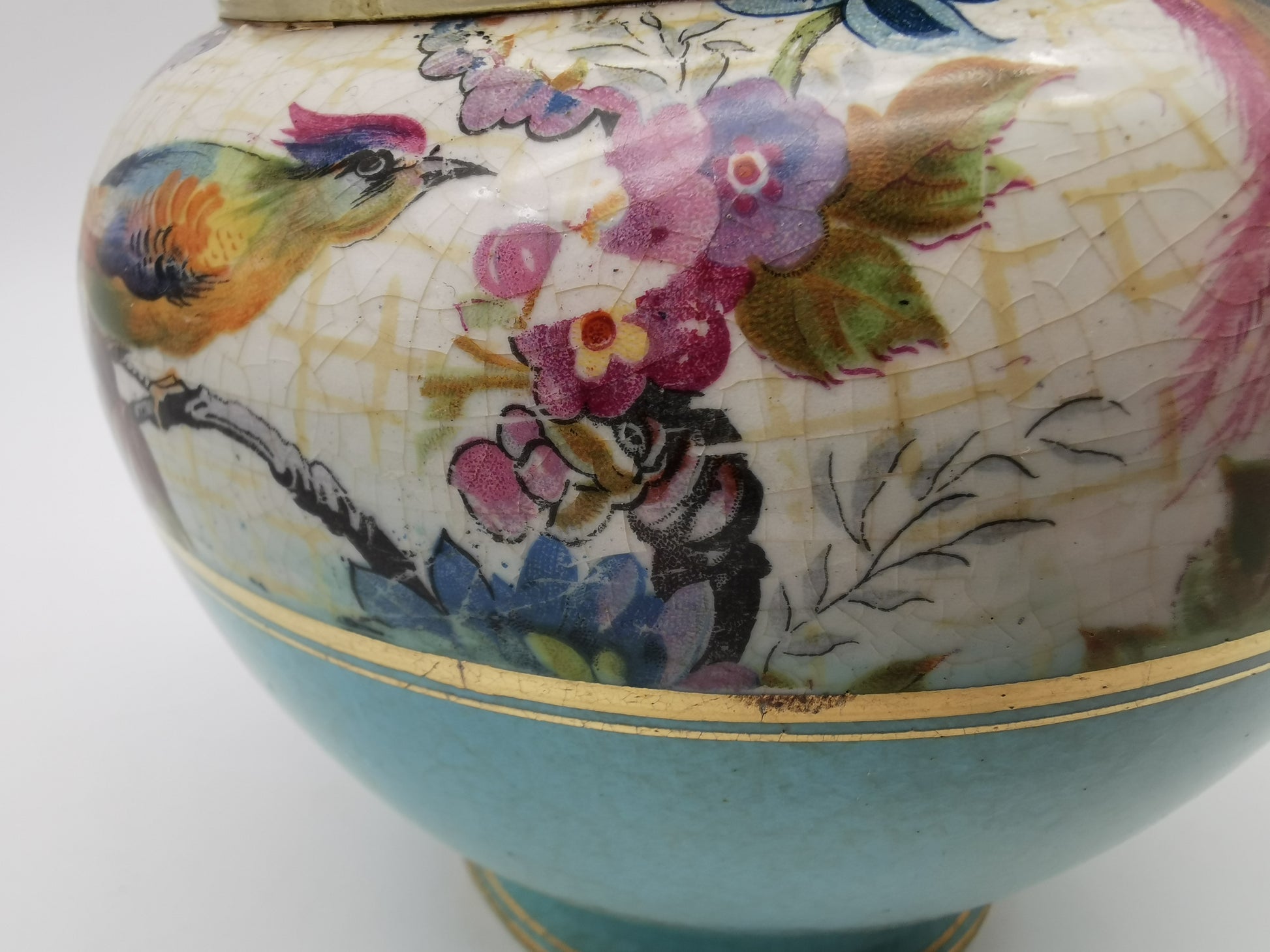 Antique Victorian Ceramic Eggshell Blue Biscuit Barrel with Floral and Birds Illustration