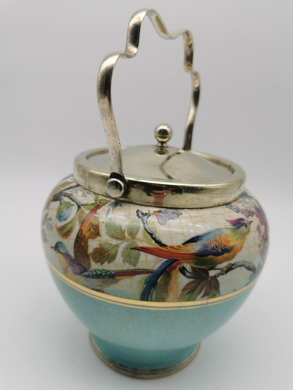 Antique Victorian Ceramic Eggshell Blue Biscuit Barrel with Floral and Birds Illustration
