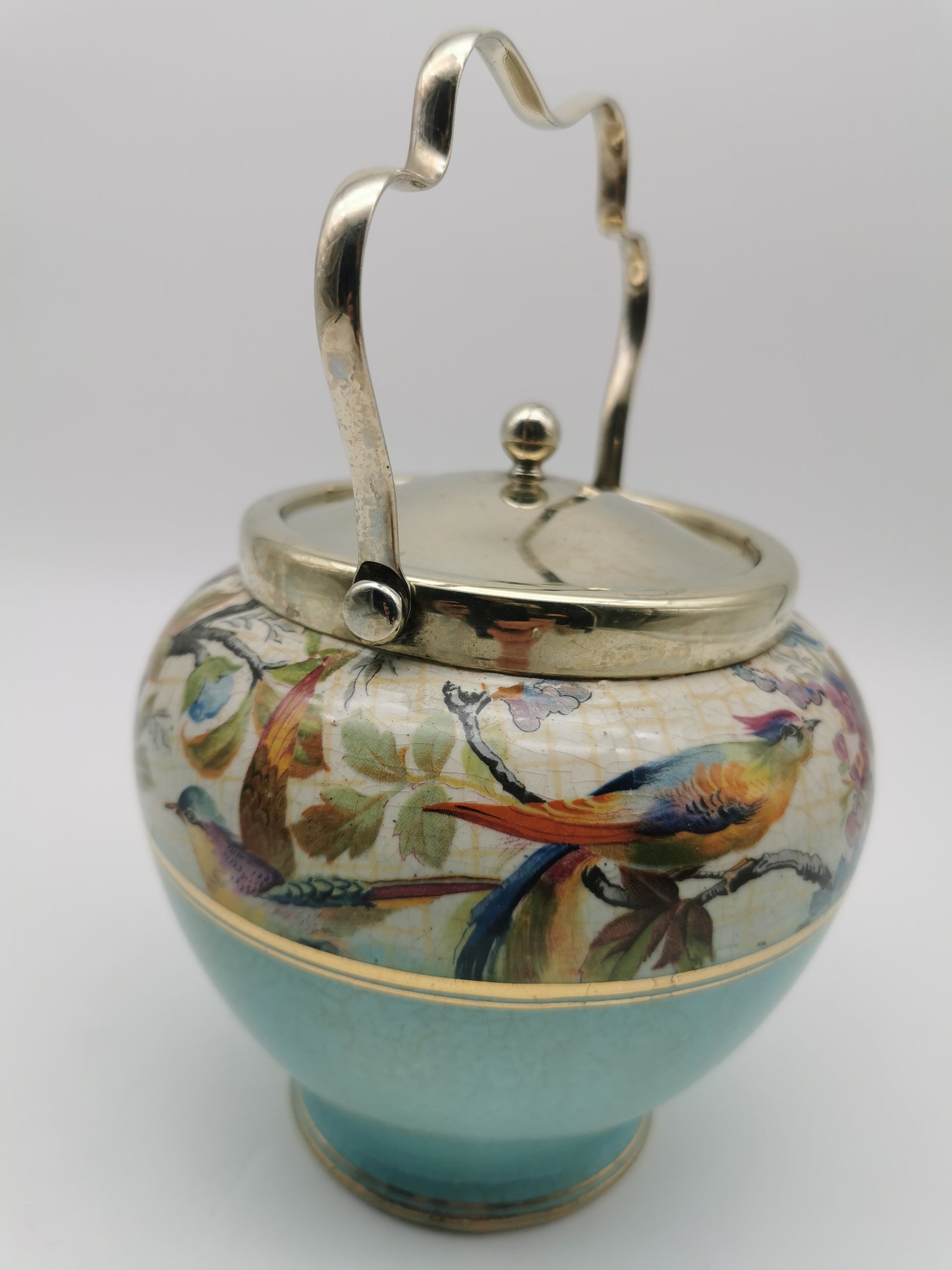 Antique Victorian Ceramic Eggshell Blue Biscuit Barrel with Floral and Birds Illustration