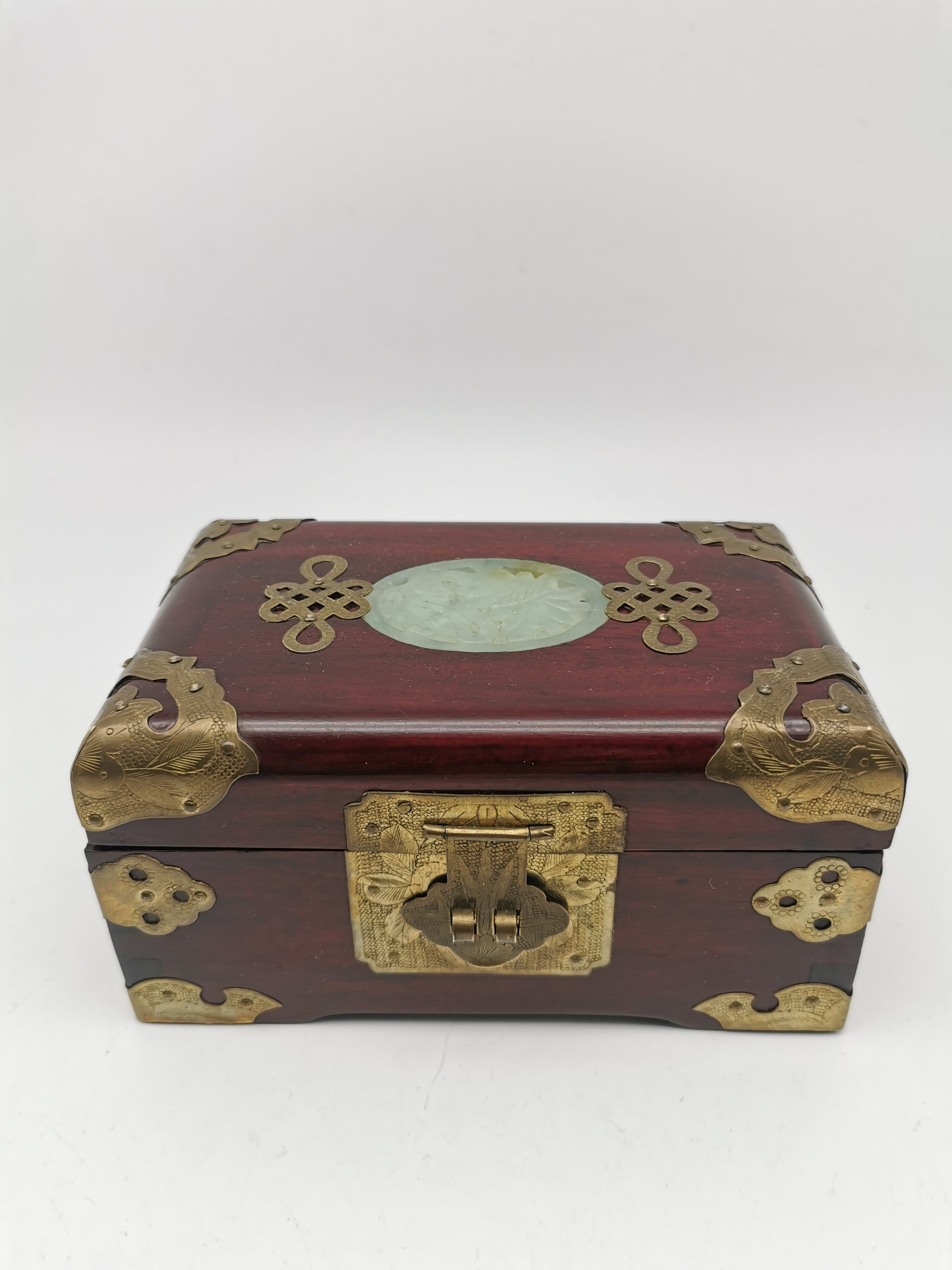 Vintage Chinese Rosewood Jewellery Box with Carved Jade Medallion and Ornate Brass Hardware