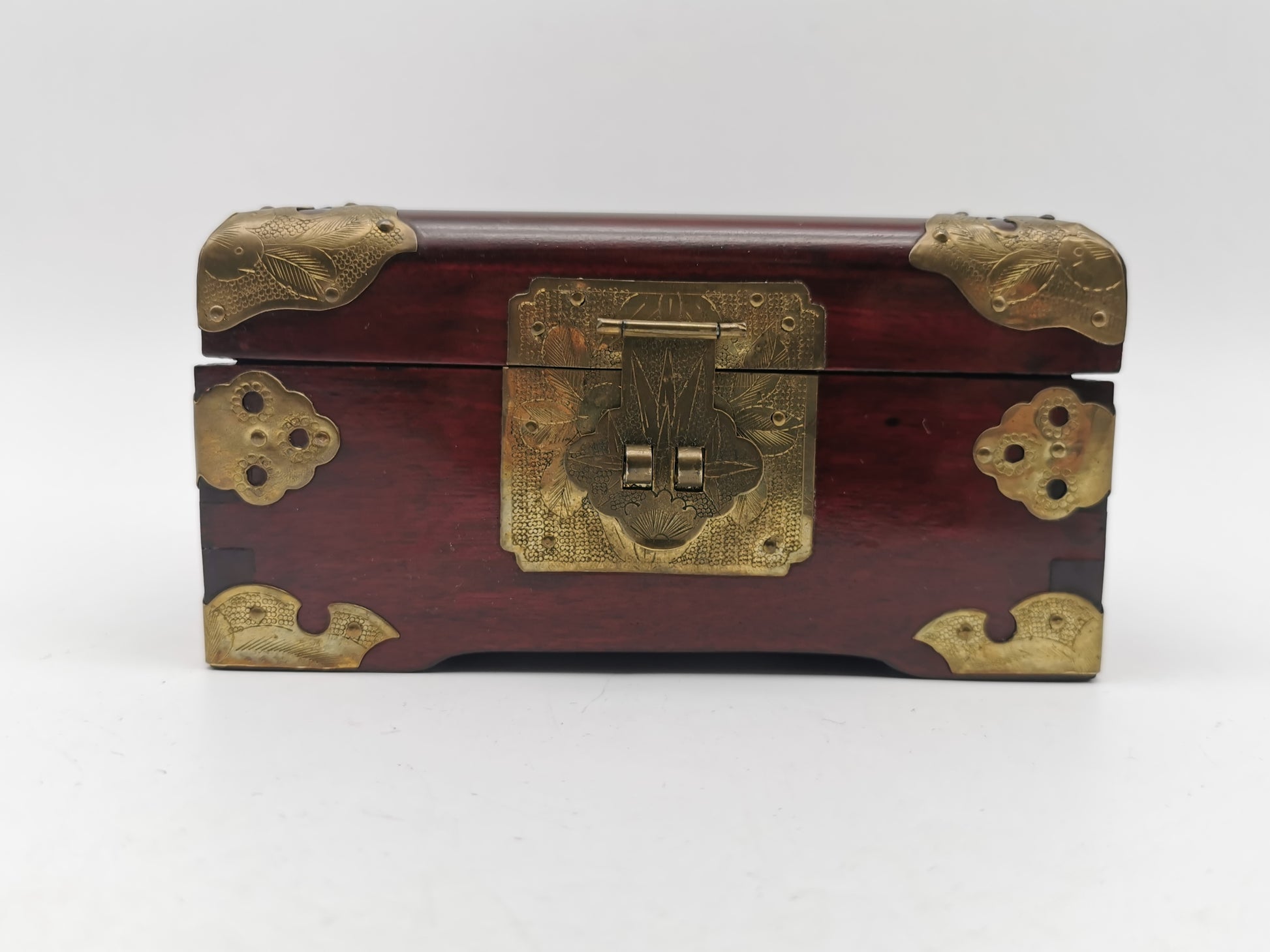 Vintage Chinese Rosewood Jewellery Box with Carved Jade Medallion and Ornate Brass Hardware