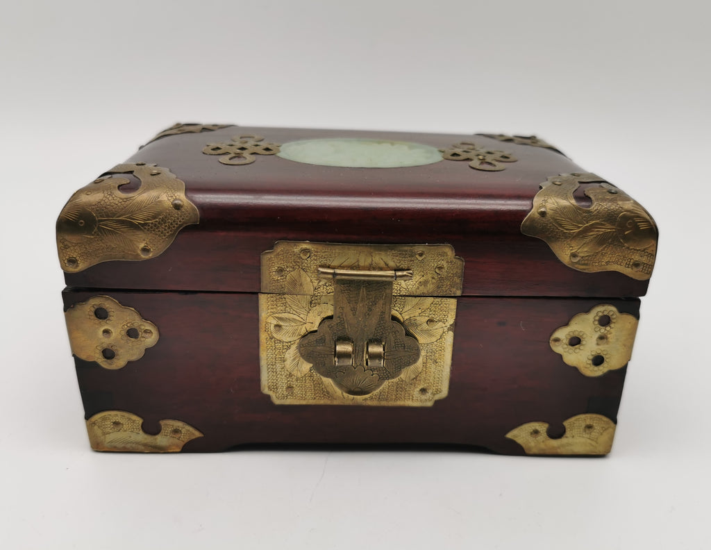 Vintage Chinese Rosewood Jewellery Box with Carved Jade Medallion and Ornate Brass Hardware