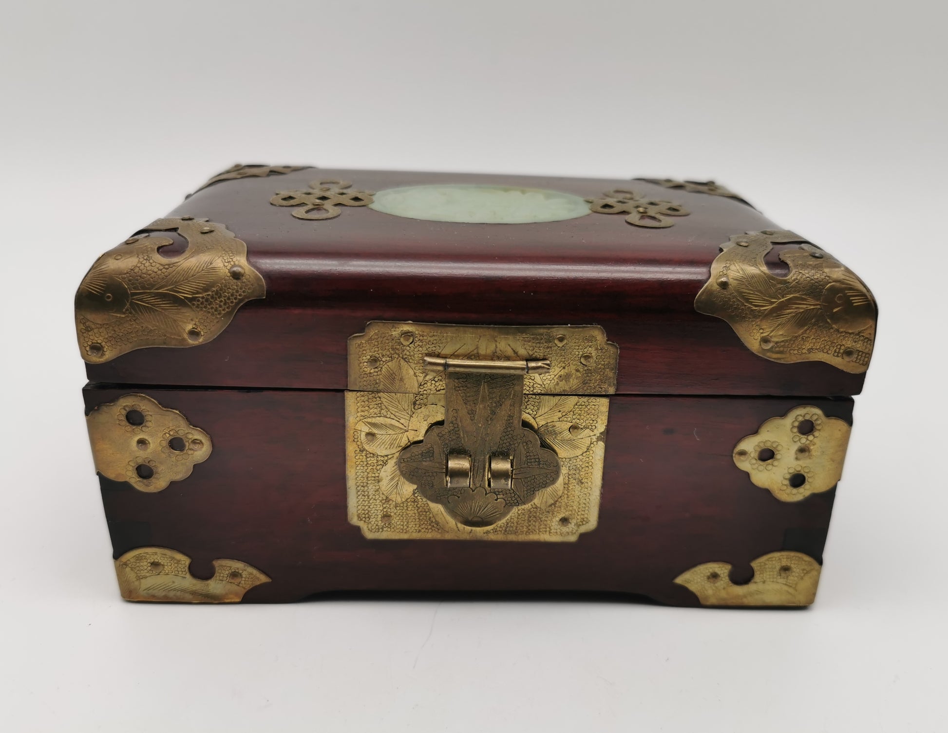 Vintage Chinese Rosewood Jewellery Box with Carved Jade Medallion and Ornate Brass Hardware