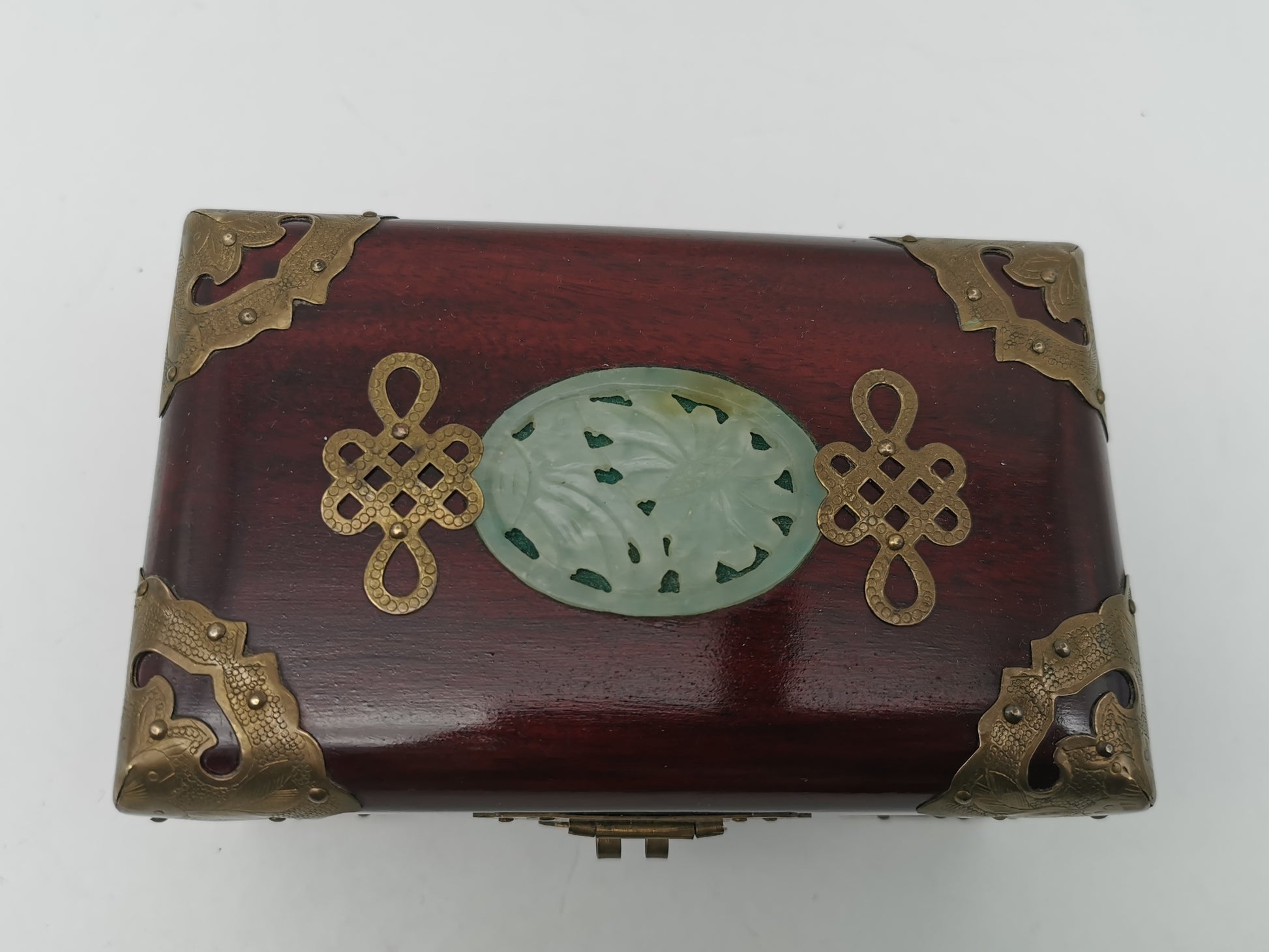 Vintage Chinese Rosewood Jewellery Box with Carved Jade Medallion and Ornate Brass Hardware