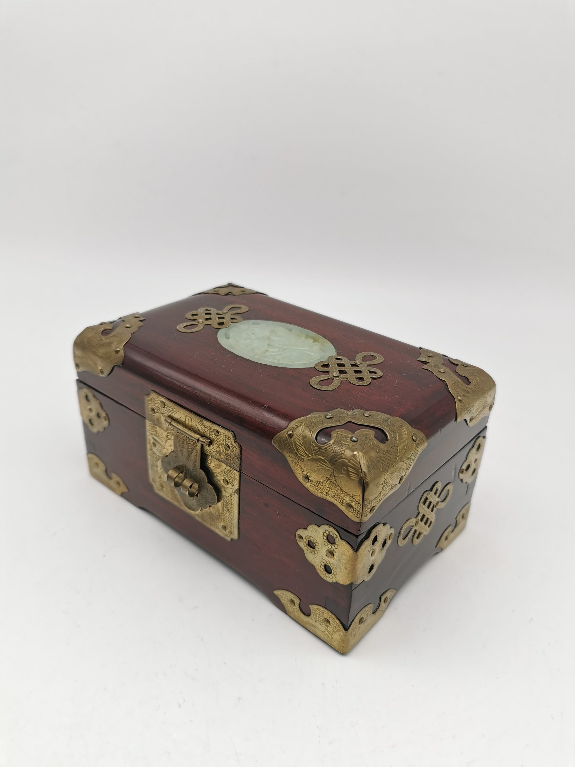 Vintage Chinese Rosewood Jewellery Box with Carved Jade Medallion and Ornate Brass Hardware