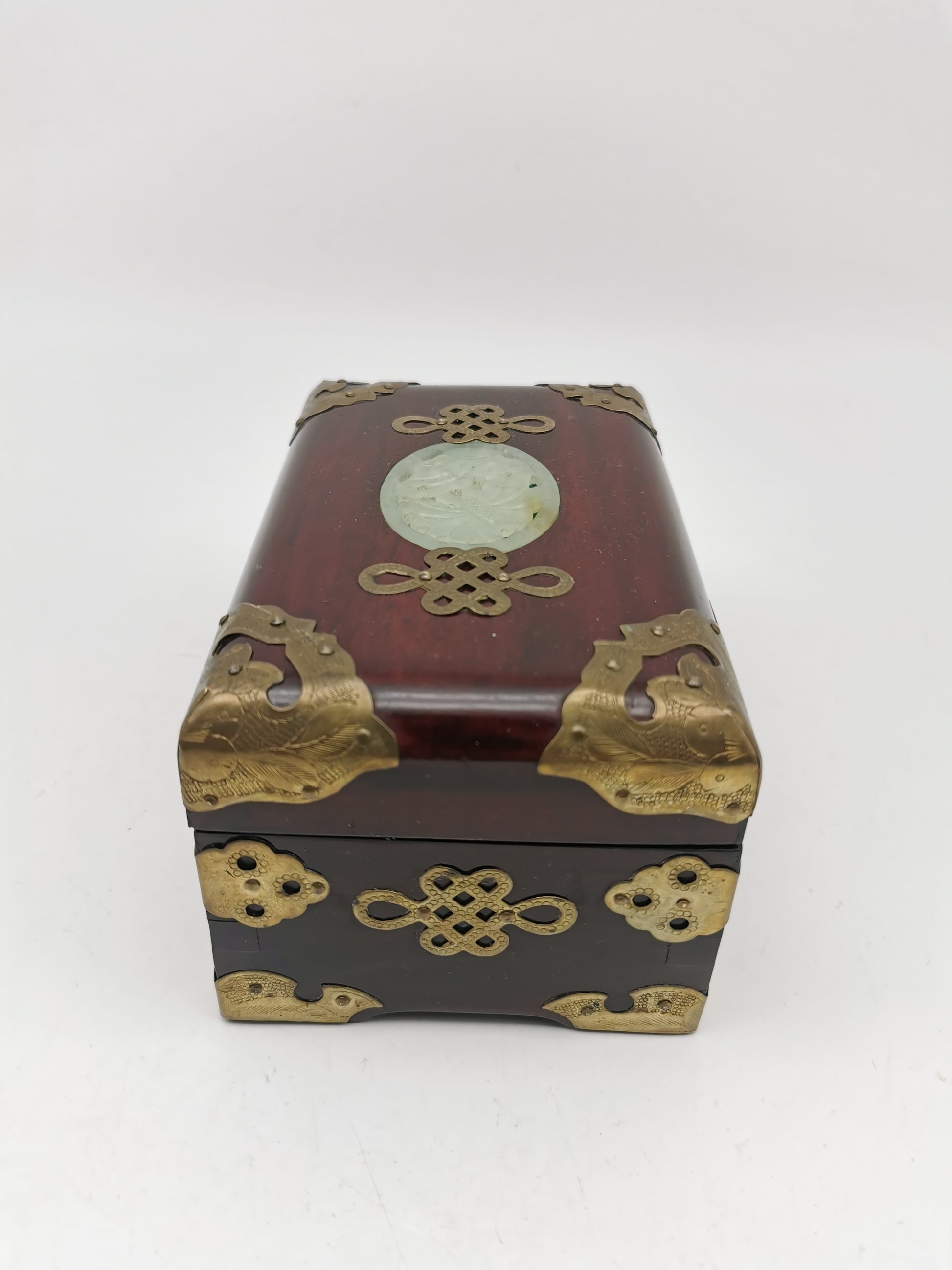 Vintage Chinese Rosewood Jewellery Box with Carved Jade Medallion and Ornate Brass Hardware