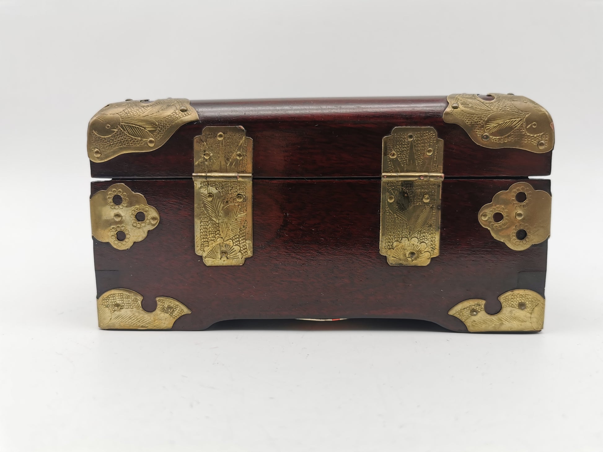 Vintage Chinese Rosewood Jewellery Box with Carved Jade Medallion and Ornate Brass Hardware