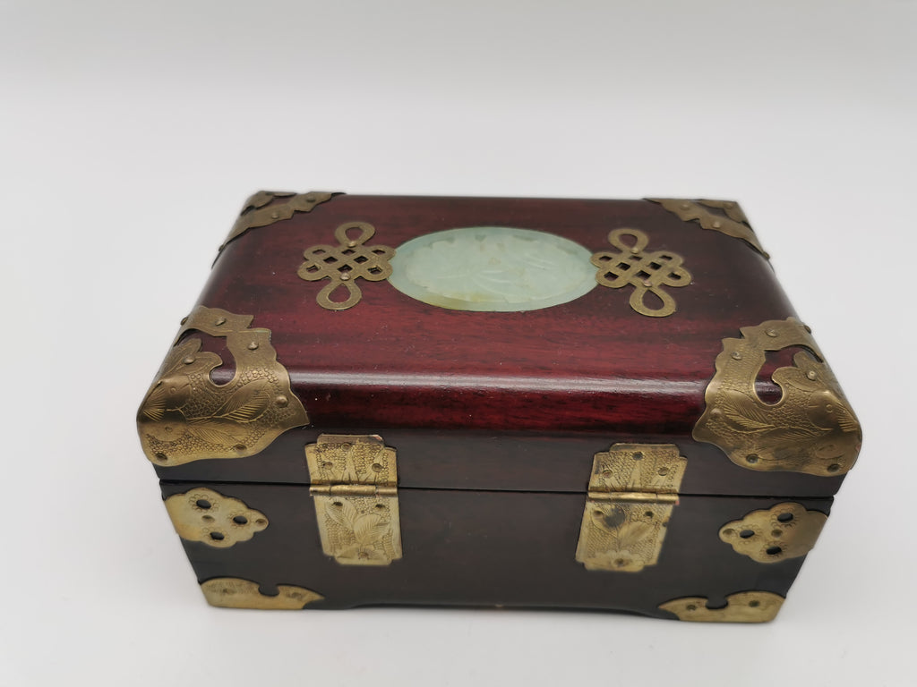 Vintage Chinese Rosewood Jewellery Box with Carved Jade Medallion and Ornate Brass Hardware