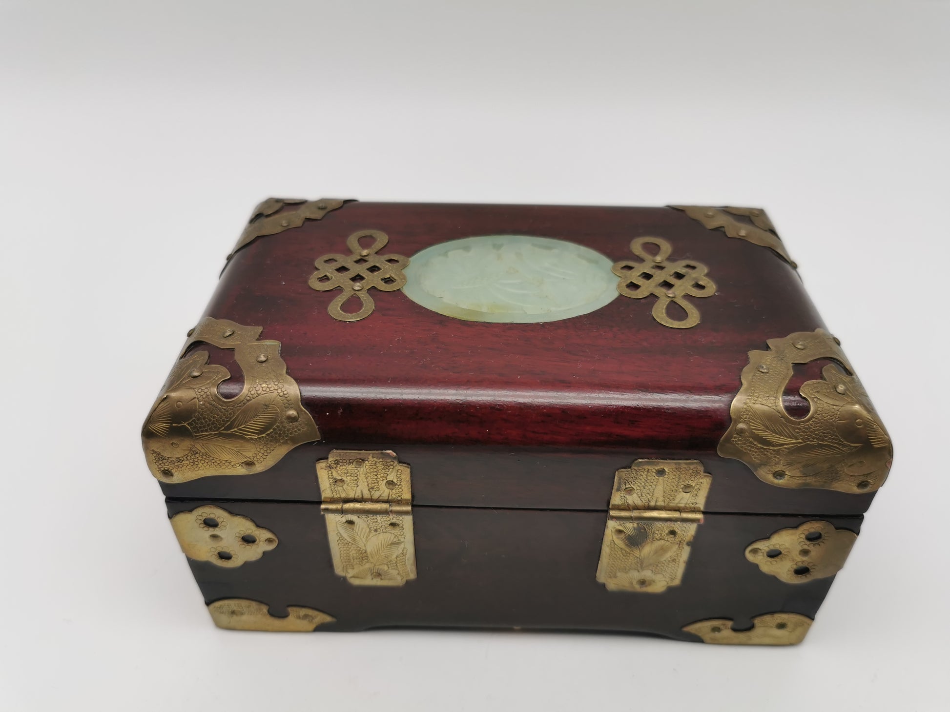 Vintage Chinese Rosewood Jewellery Box with Carved Jade Medallion and Ornate Brass Hardware