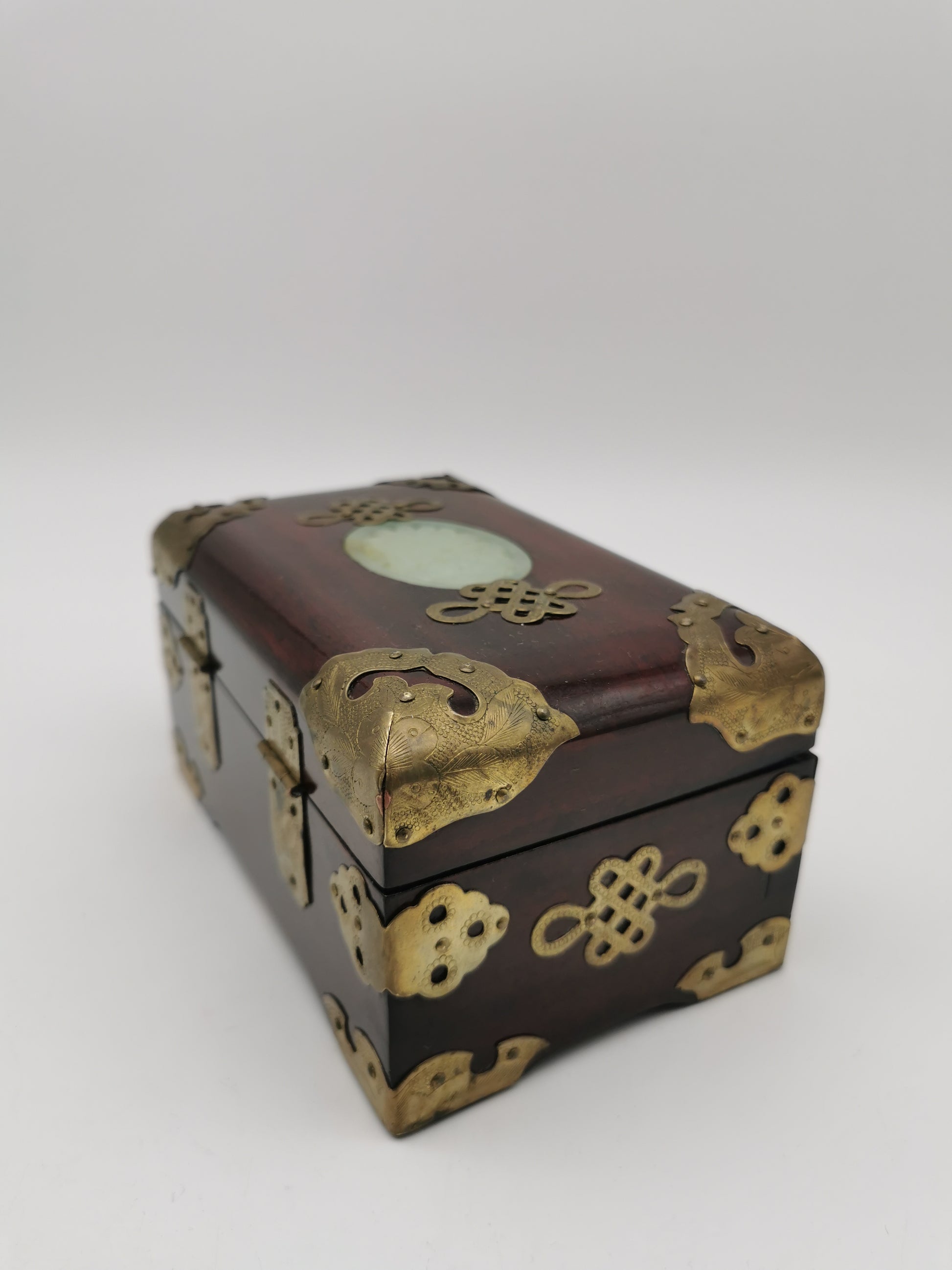 Vintage Chinese Rosewood Jewellery Box with Carved Jade Medallion and Ornate Brass Hardware