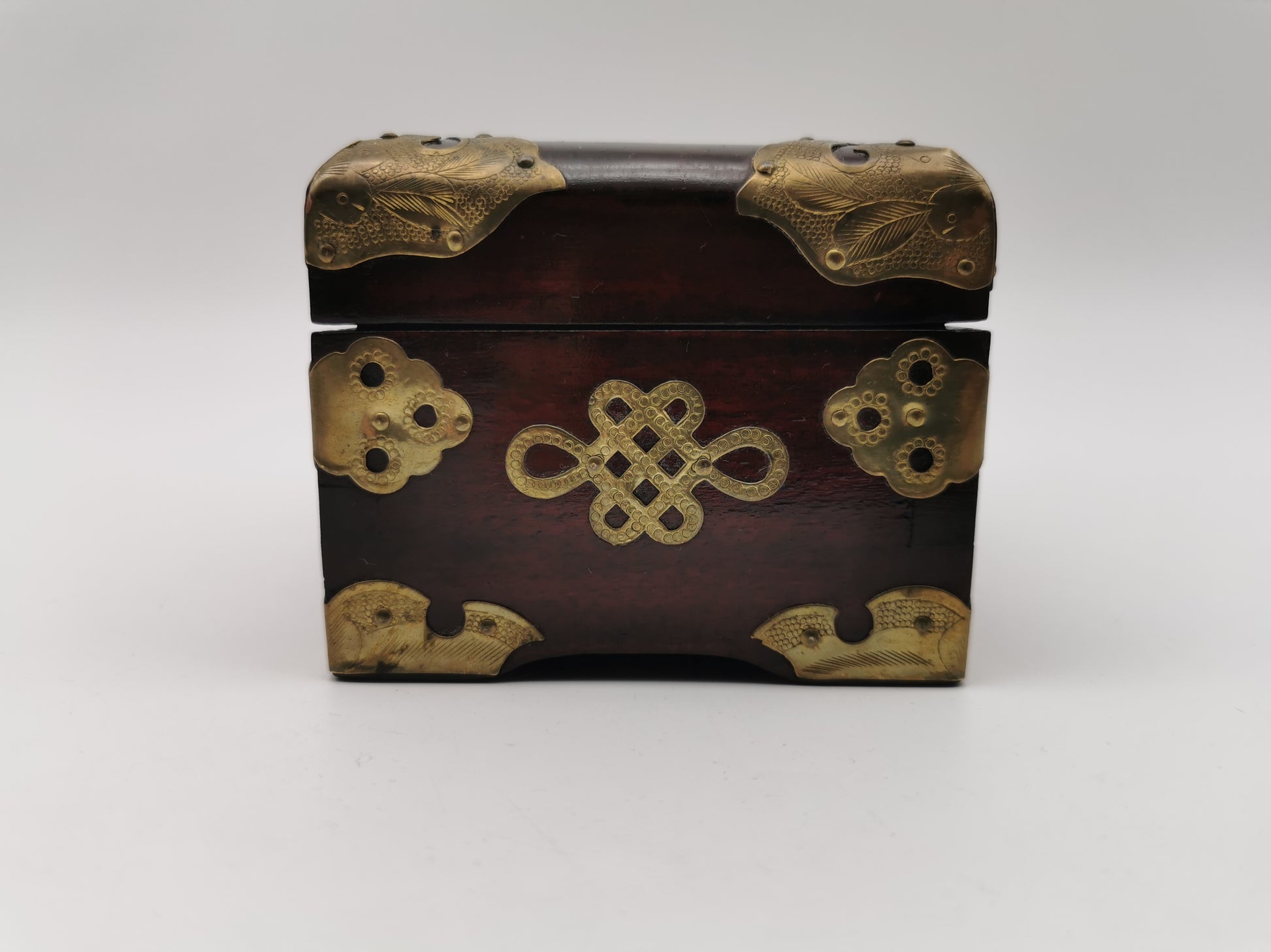 Vintage Chinese Rosewood Jewellery Box with Carved Jade Medallion and Ornate Brass Hardware
