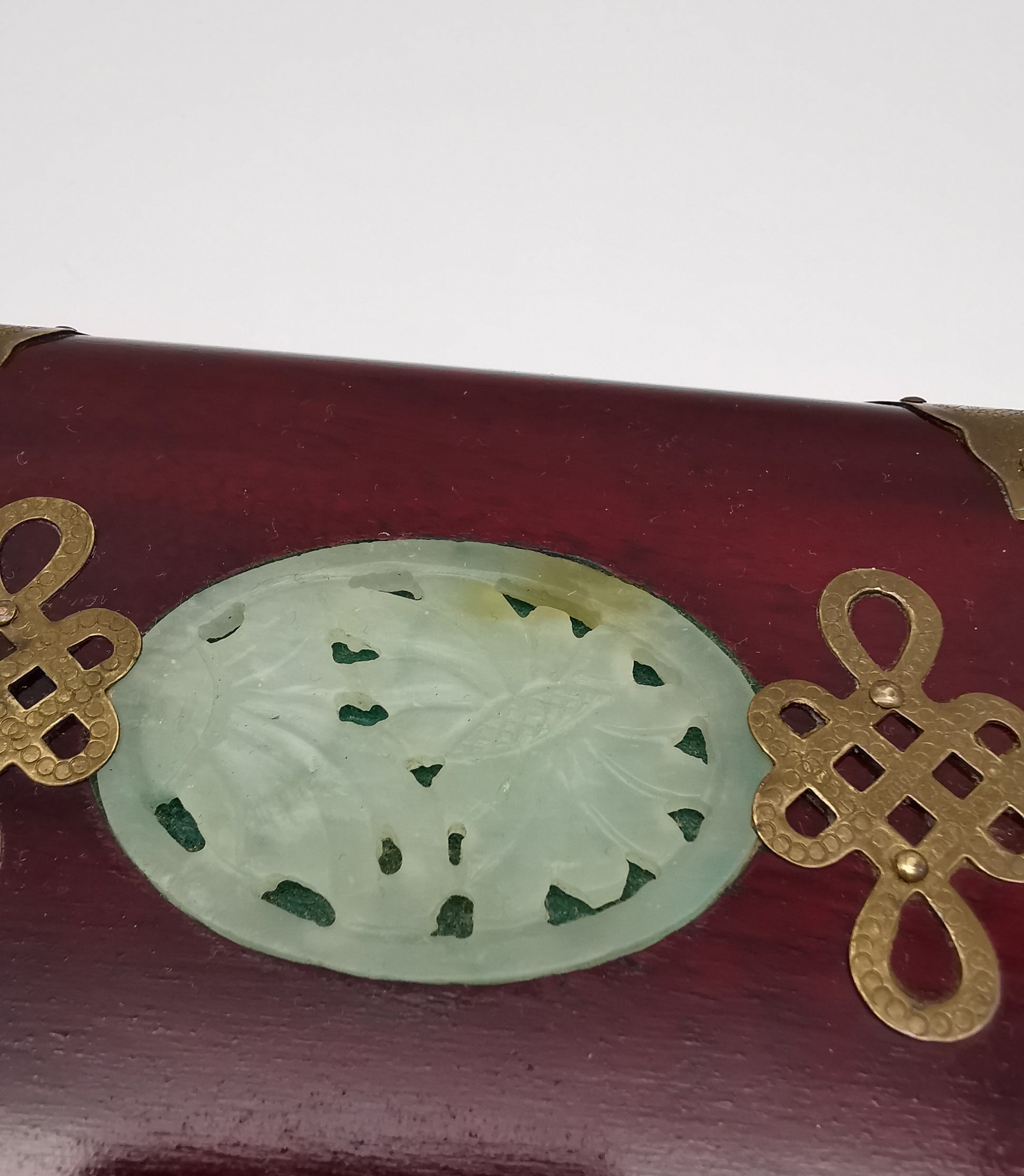 Vintage Chinese Rosewood Jewellery Box with Carved Jade Medallion and Ornate Brass Hardware