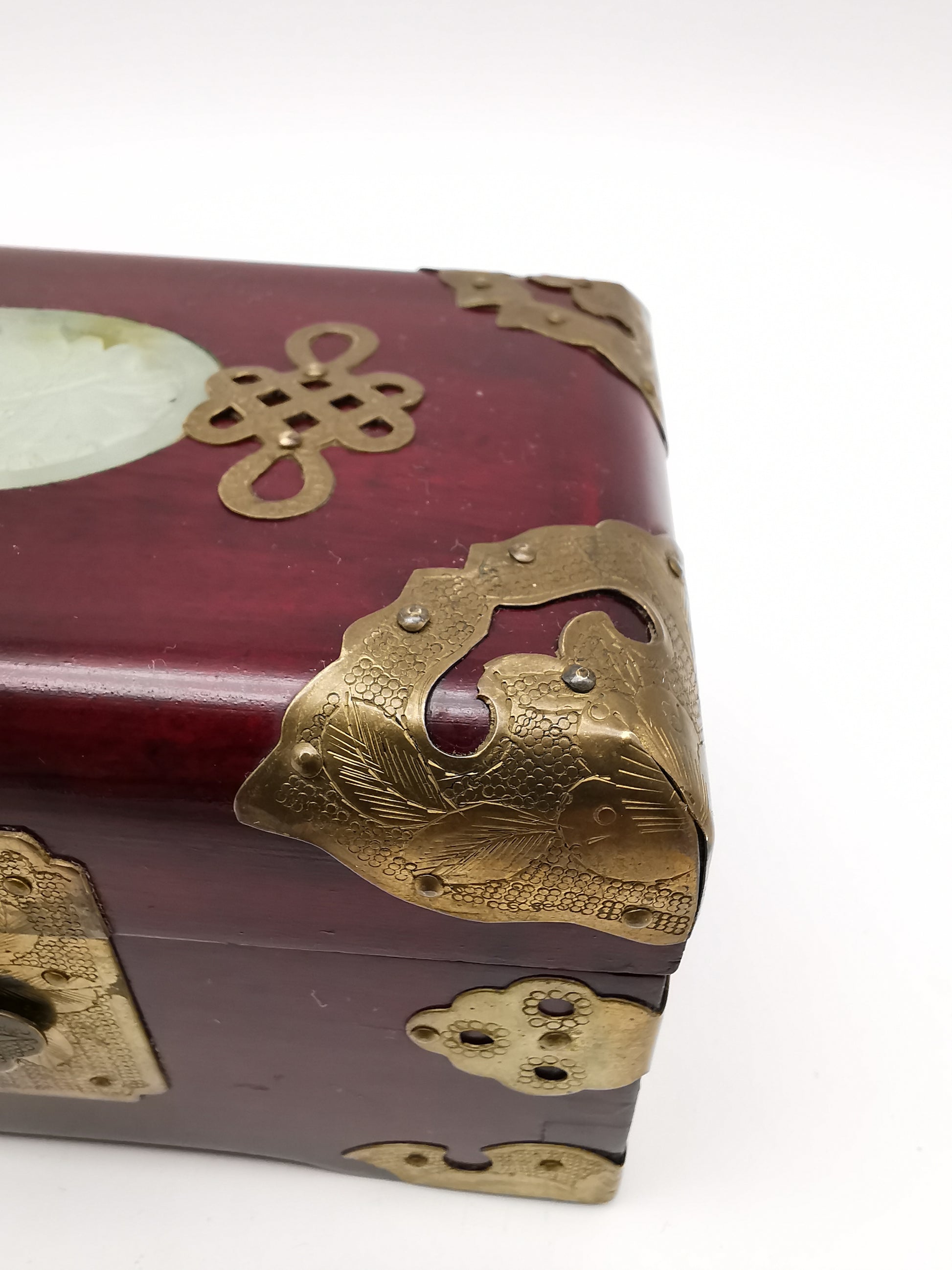 Vintage Chinese Rosewood Jewellery Box with Carved Jade Medallion and Ornate Brass Hardware