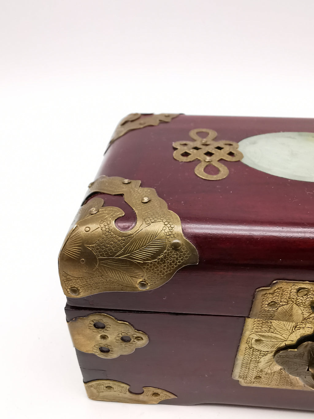 Vintage Chinese Rosewood Jewellery Box with Carved Jade Medallion and Ornate Brass Hardware