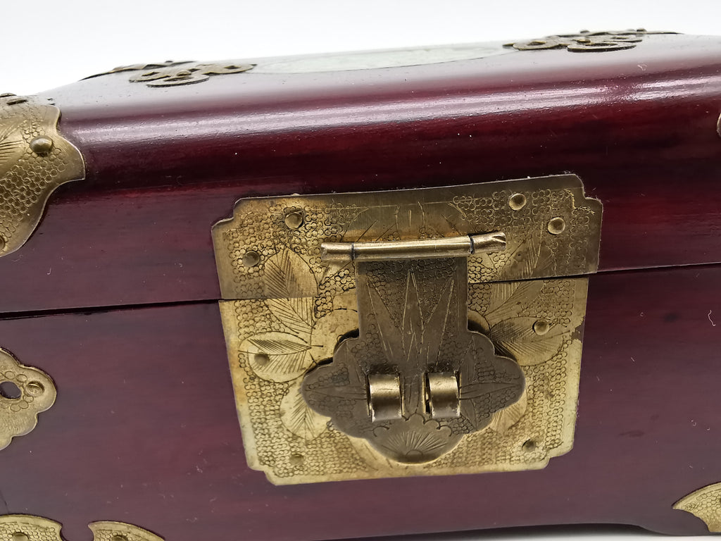 Vintage Chinese Rosewood Jewellery Box with Carved Jade Medallion and Ornate Brass Hardware