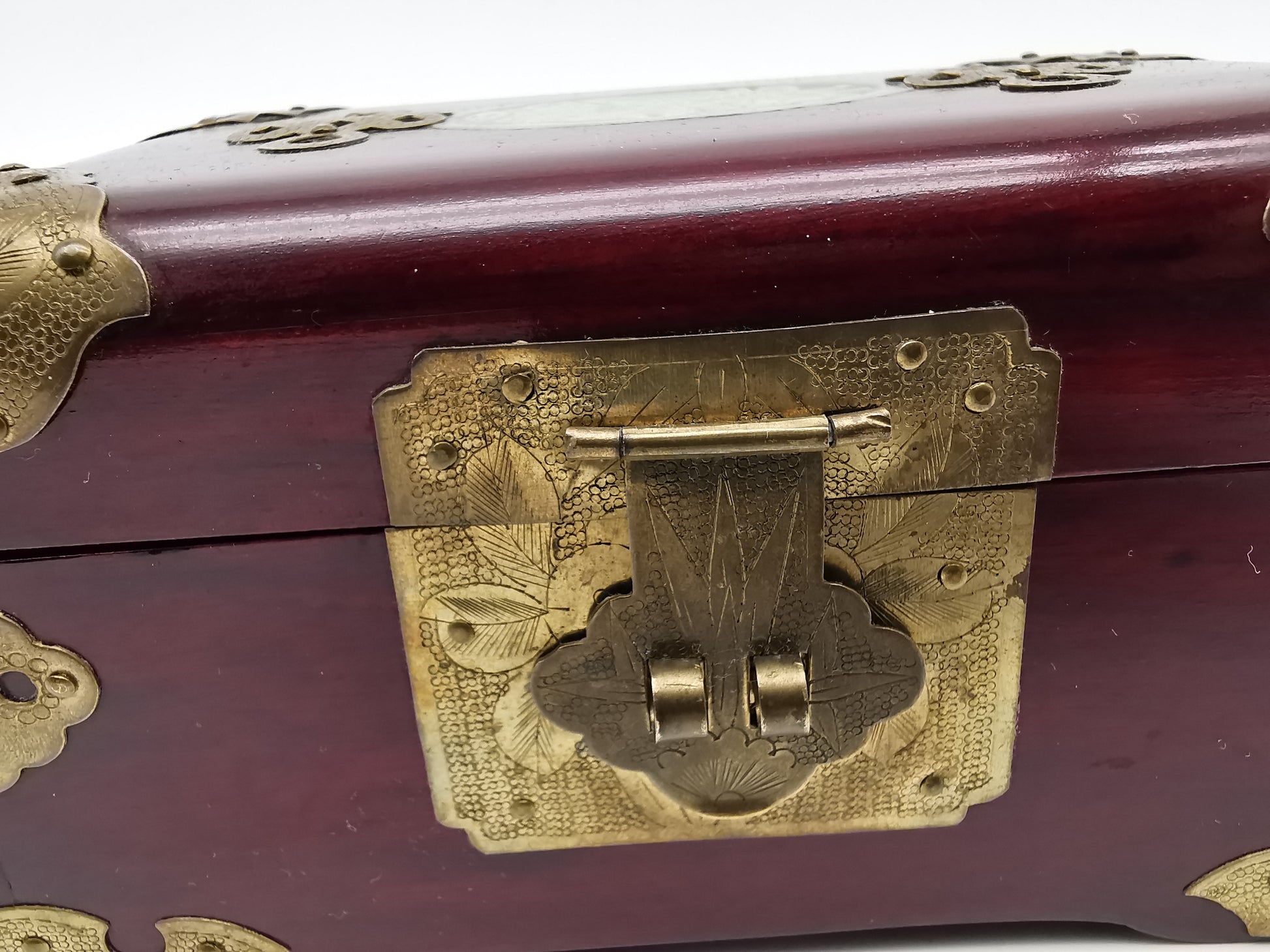 Vintage Chinese Rosewood Jewellery Box with Carved Jade Medallion and Ornate Brass Hardware