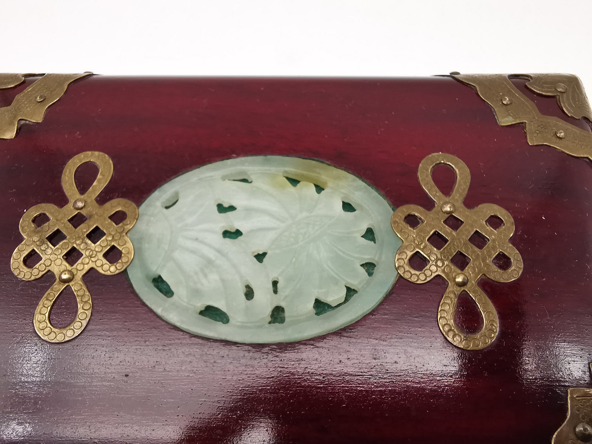 Vintage Chinese Rosewood Jewellery Box with Carved Jade Medallion and Ornate Brass Hardware