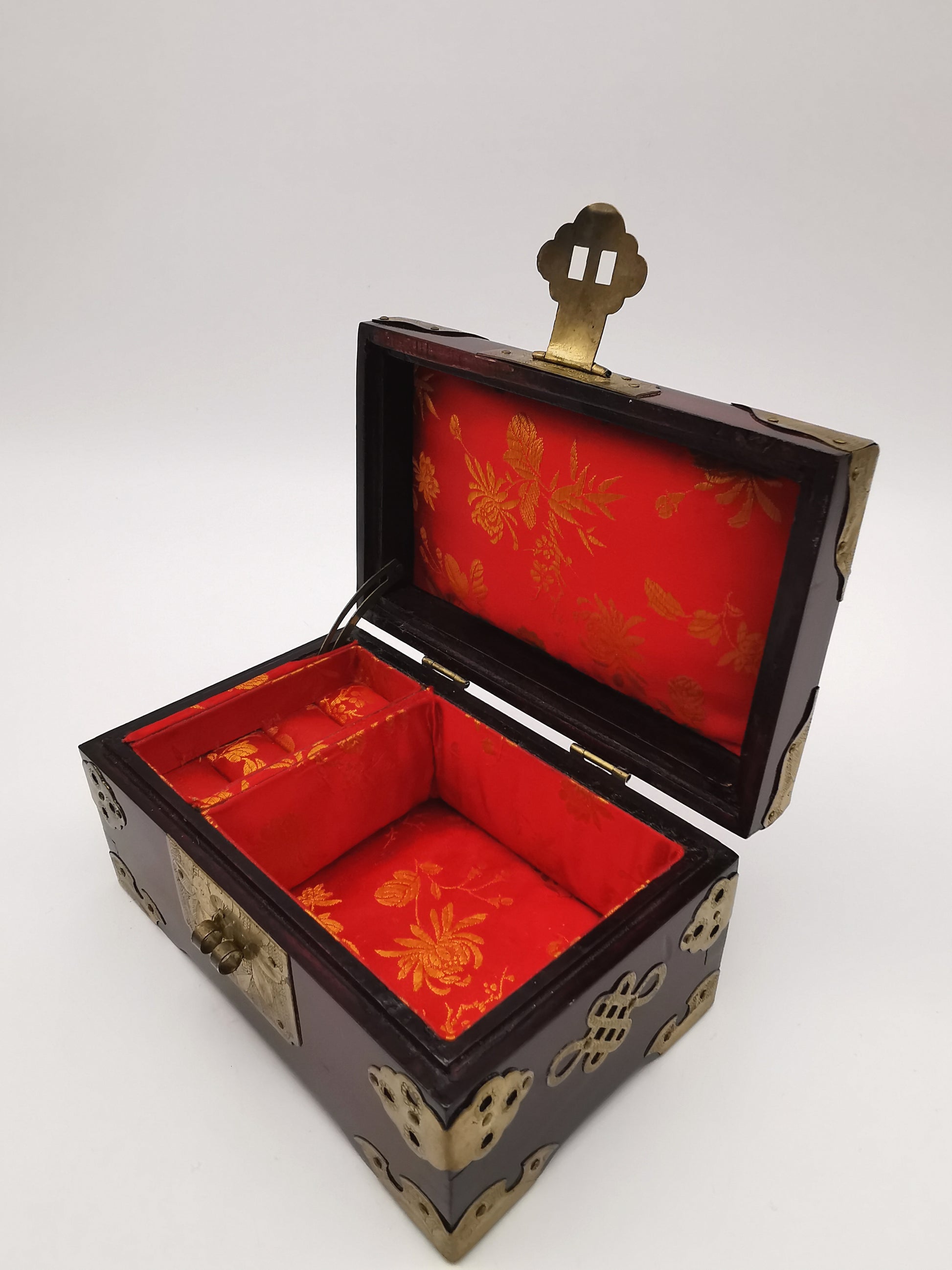 Vintage Chinese Rosewood Jewellery Box with Carved Jade Medallion and Ornate Brass Hardware
