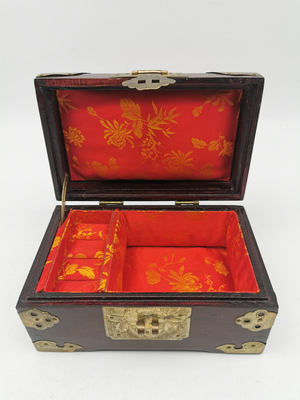 Vintage Chinese Rosewood Jewellery Box with Carved Jade Medallion and Ornate Brass Hardware