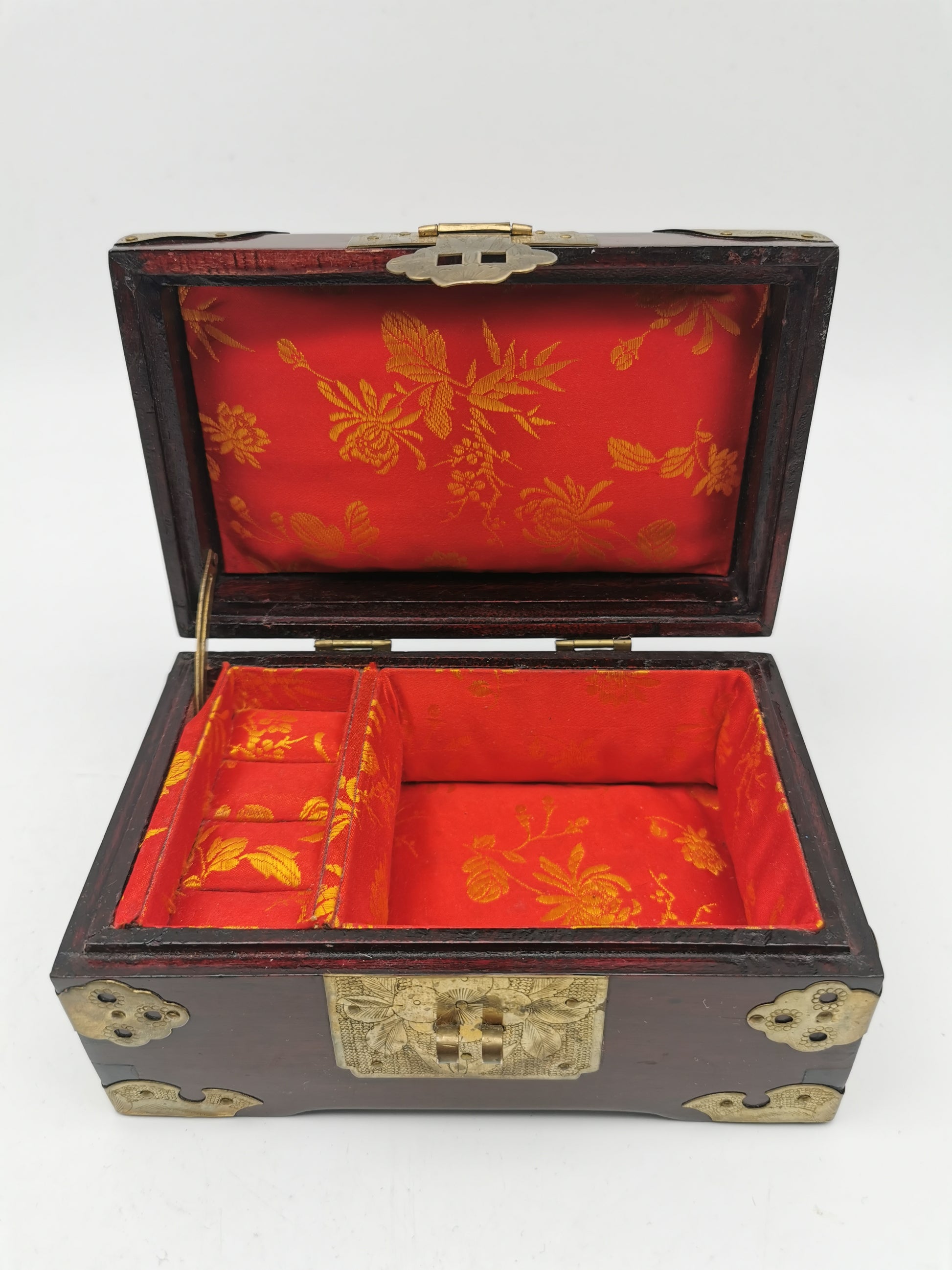 Vintage Chinese Rosewood Jewellery Box with Carved Jade Medallion and Ornate Brass Hardware