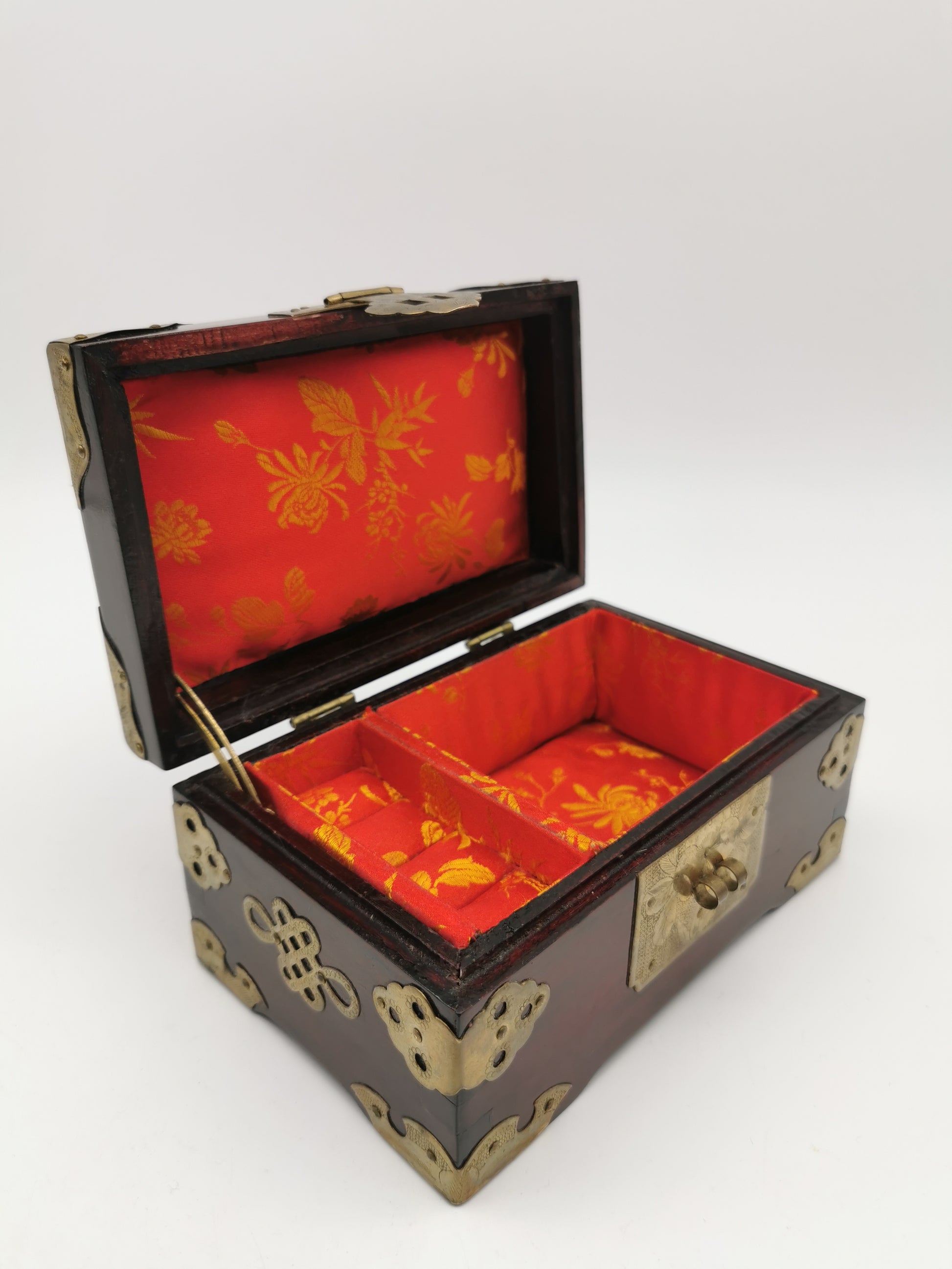 Vintage Chinese Rosewood Jewellery Box with Carved Jade Medallion and Ornate Brass Hardware