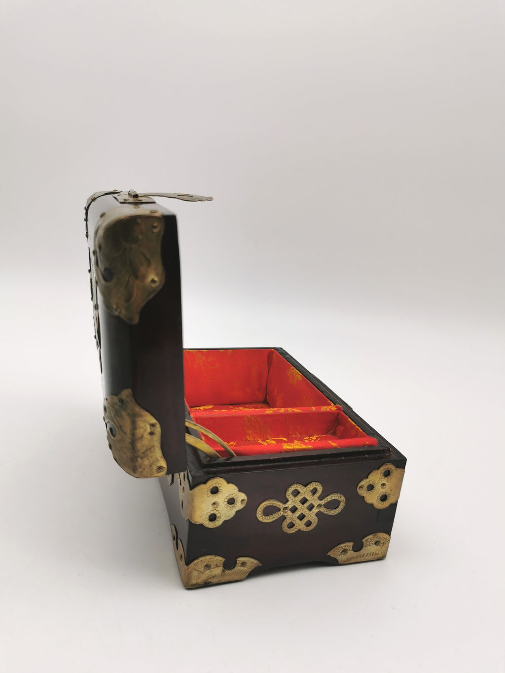 Vintage Chinese Rosewood Jewellery Box with Carved Jade Medallion and Ornate Brass Hardware