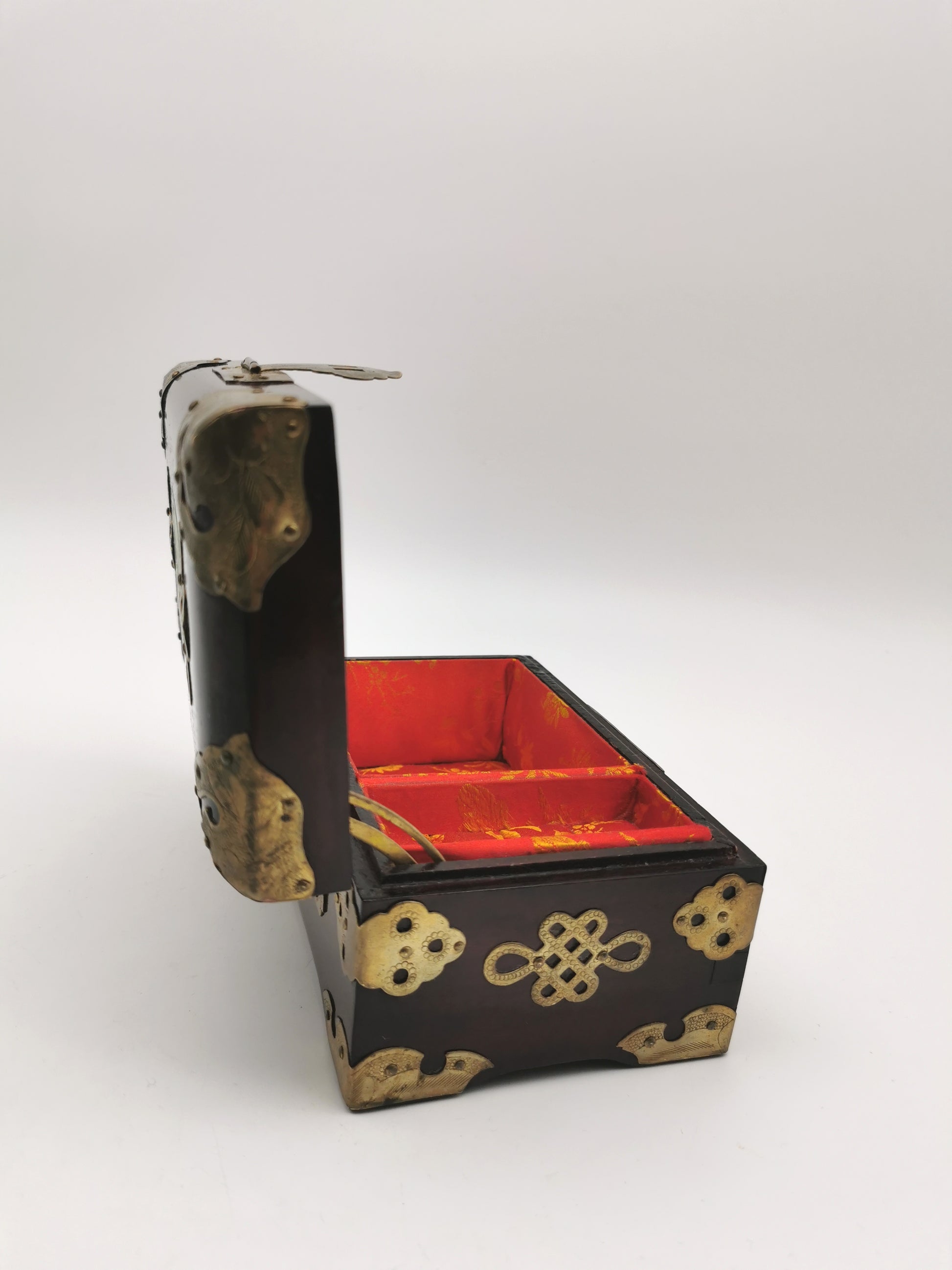 Vintage Chinese Rosewood Jewellery Box with Carved Jade Medallion and Ornate Brass Hardware