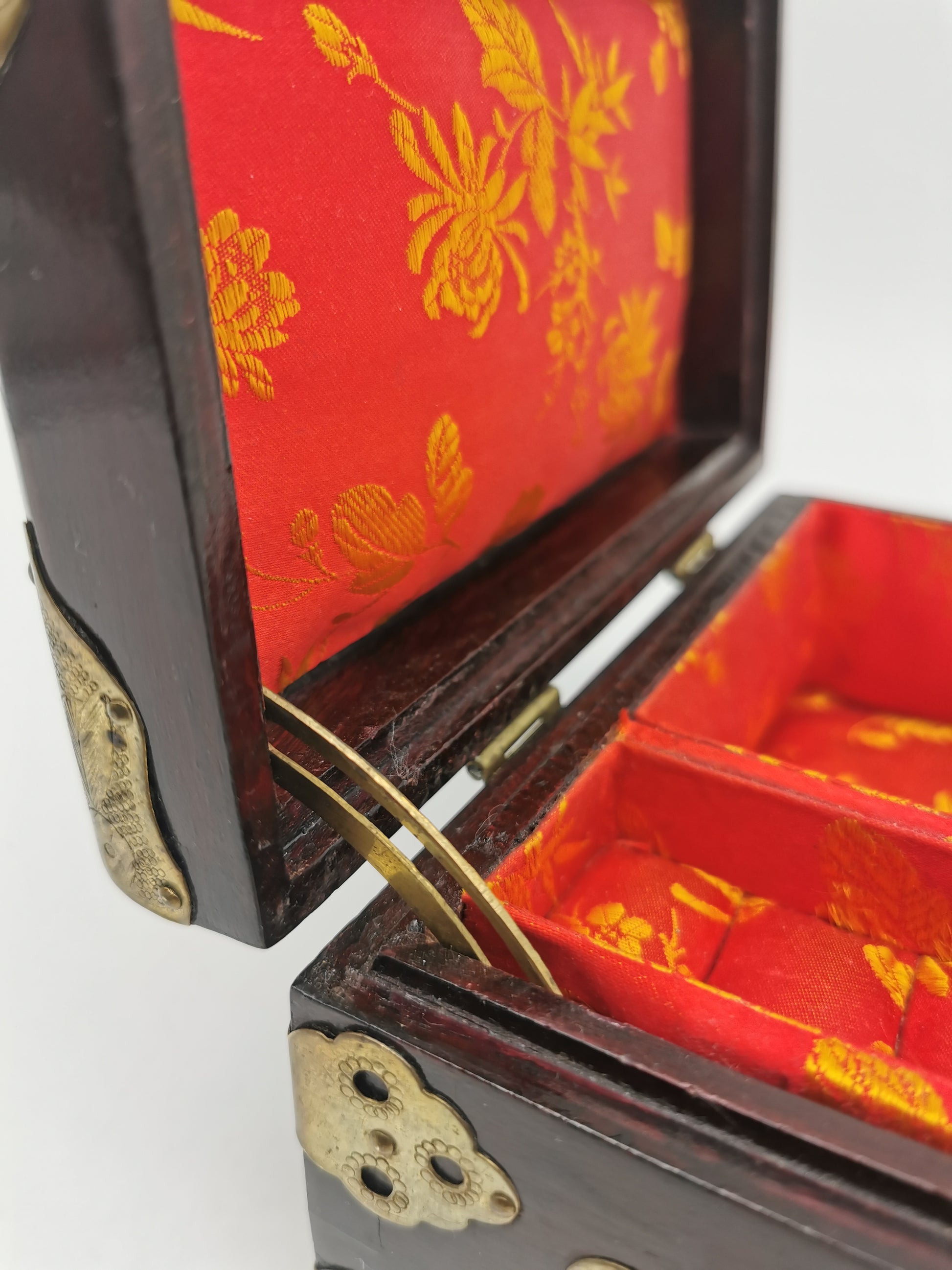 Vintage Chinese Rosewood Jewellery Box with Carved Jade Medallion and Ornate Brass Hardware