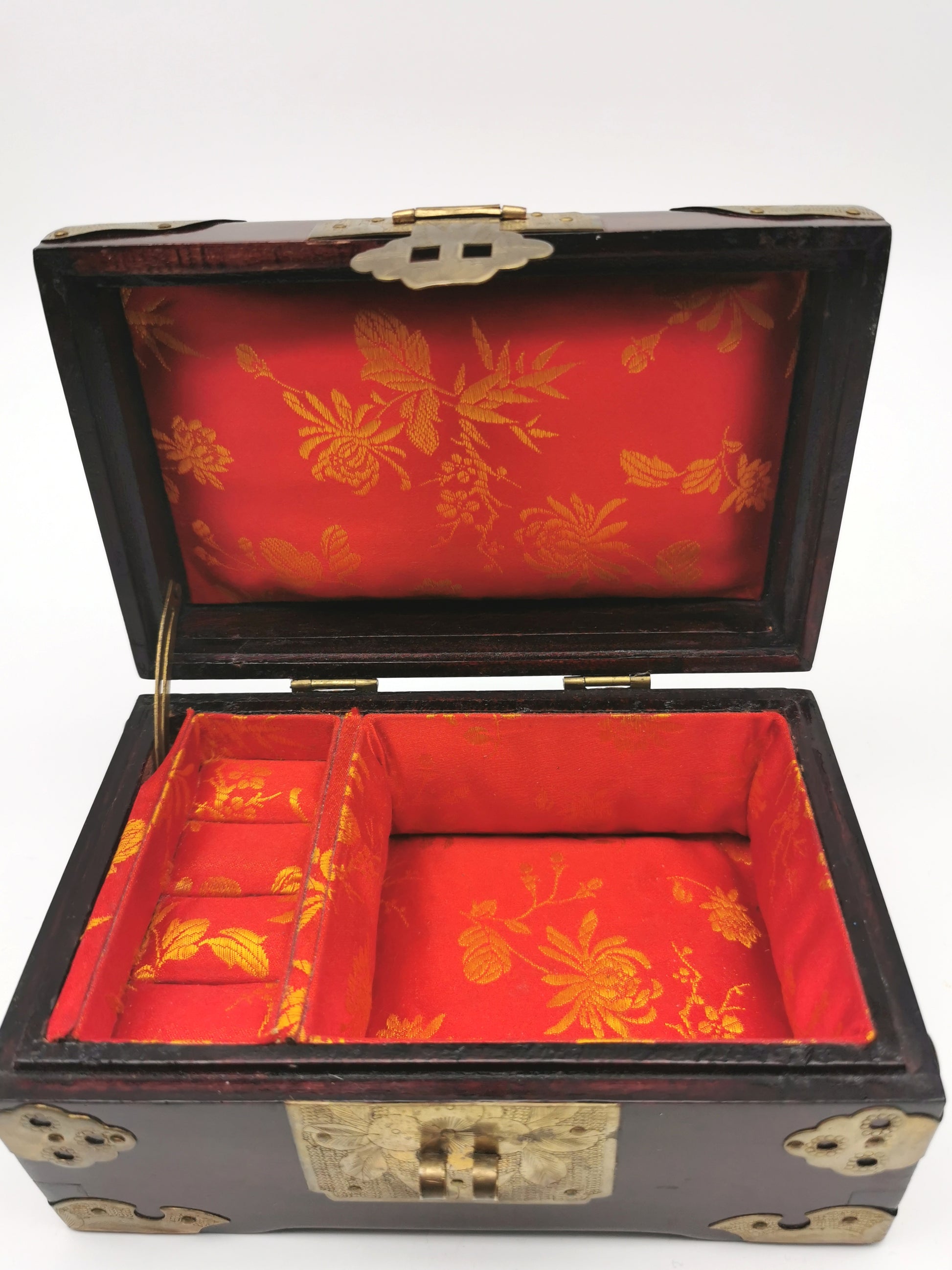 Vintage Chinese Rosewood Jewellery Box with Carved Jade Medallion and Ornate Brass Hardware