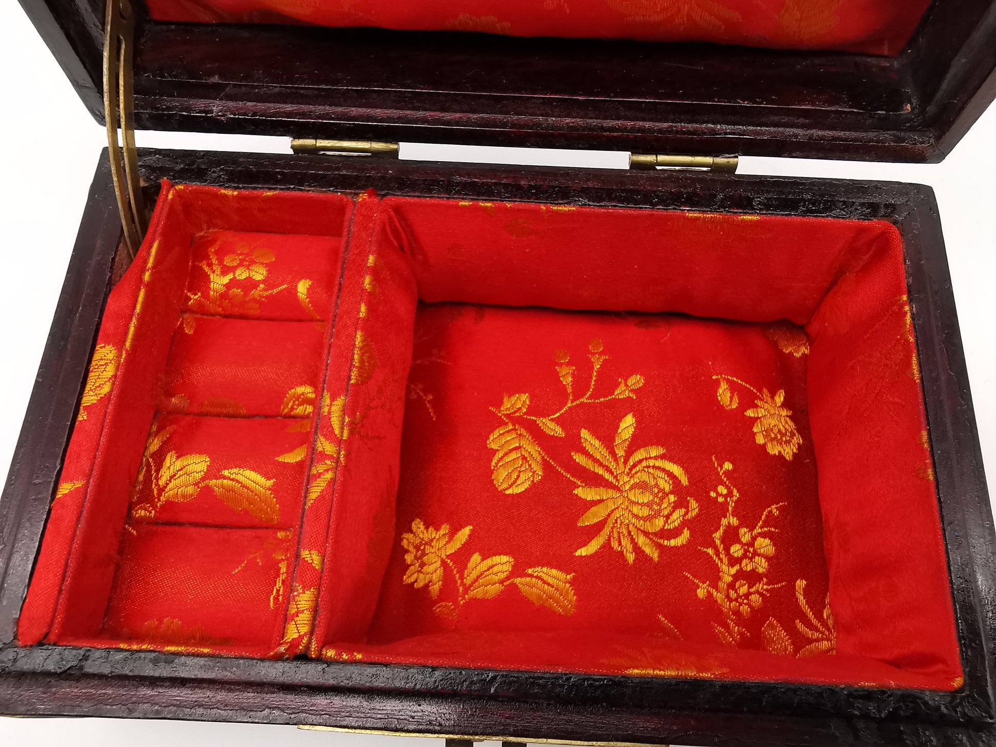 Vintage Chinese Rosewood Jewellery Box with Carved Jade Medallion and Ornate Brass Hardware