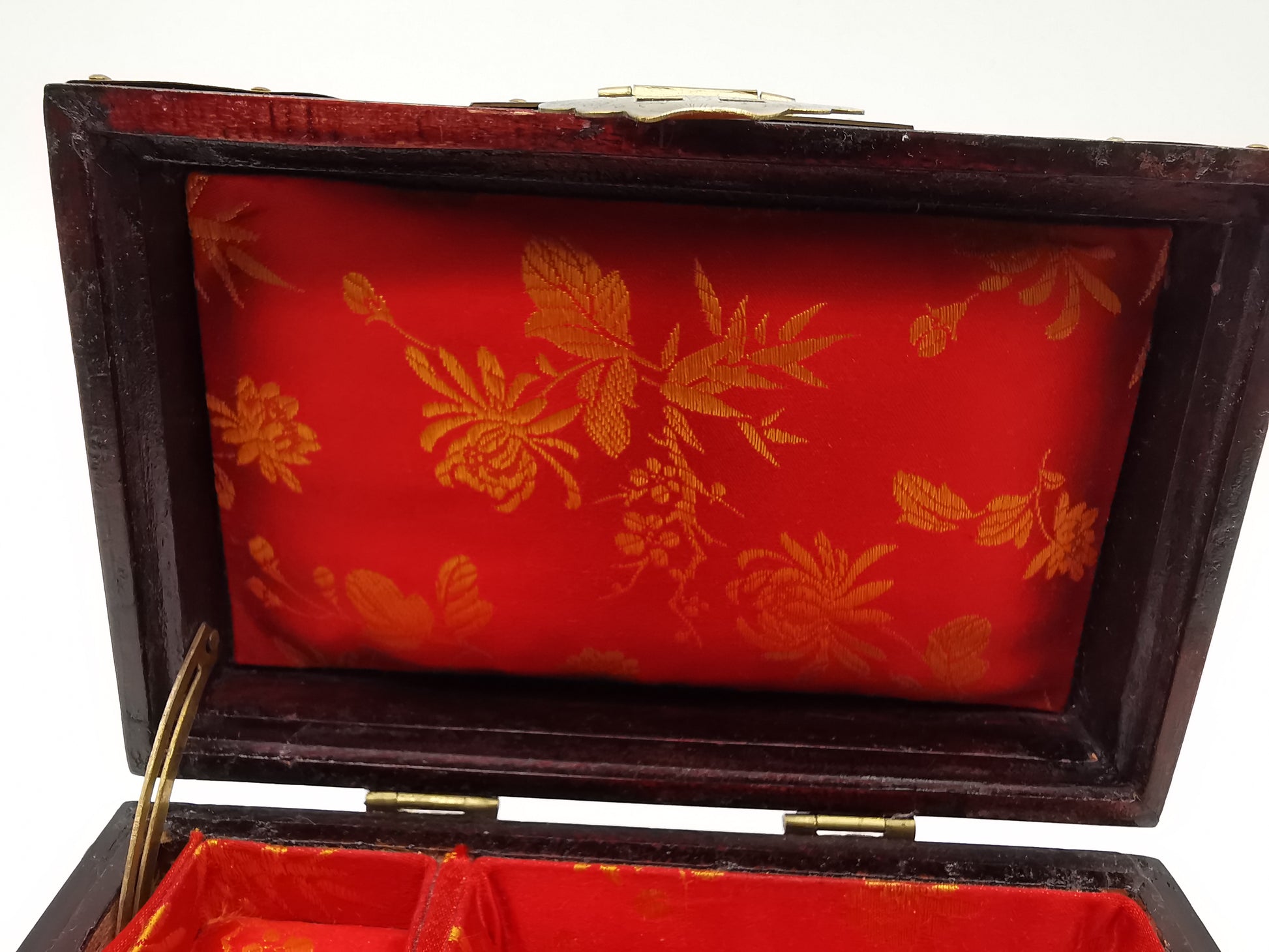 Vintage Chinese Rosewood Jewellery Box with Carved Jade Medallion and Ornate Brass Hardware