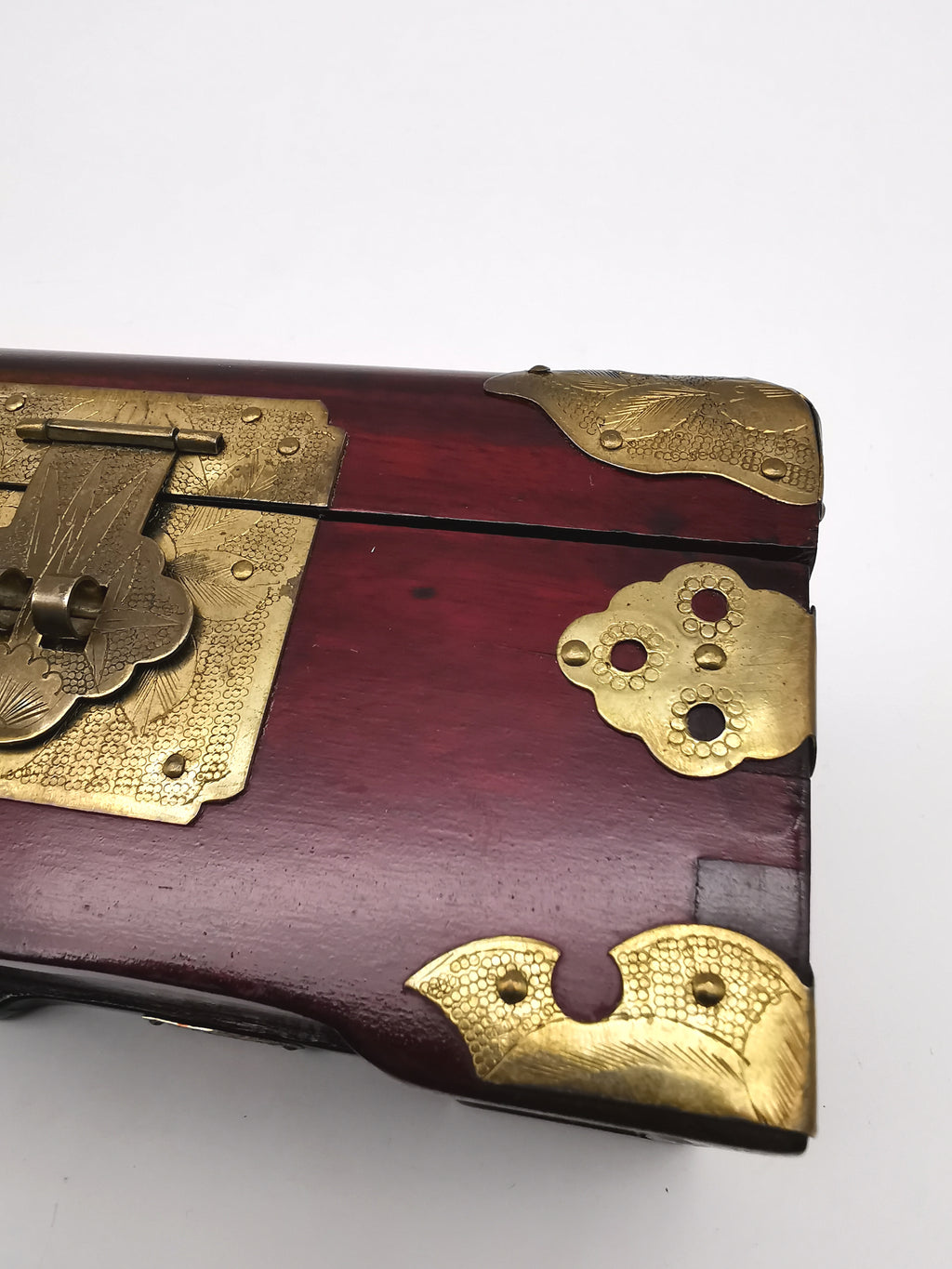 Vintage Chinese Rosewood Jewellery Box with Carved Jade Medallion and Ornate Brass Hardware