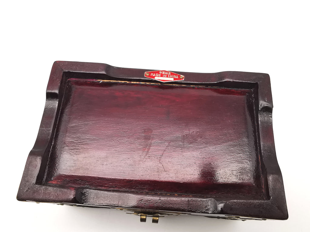 Vintage Chinese Rosewood Jewellery Box with Carved Jade Medallion and Ornate Brass Hardware