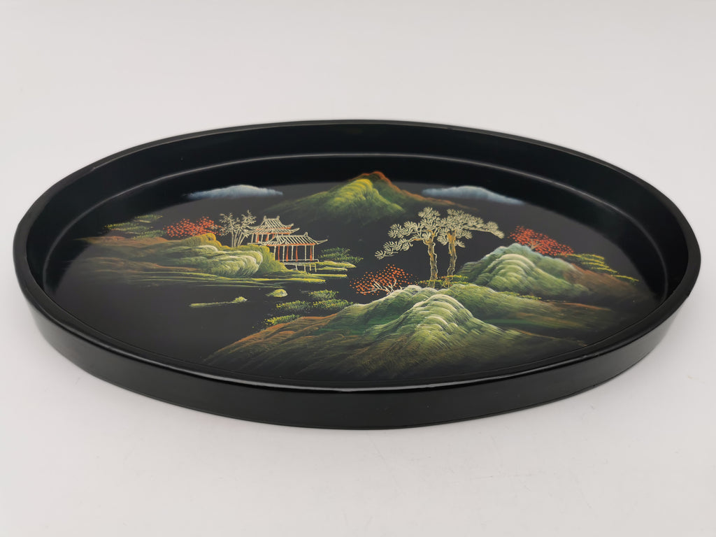 Vintage Hand-Painted Fuzhou Chinese Lacquer Landscape Tray